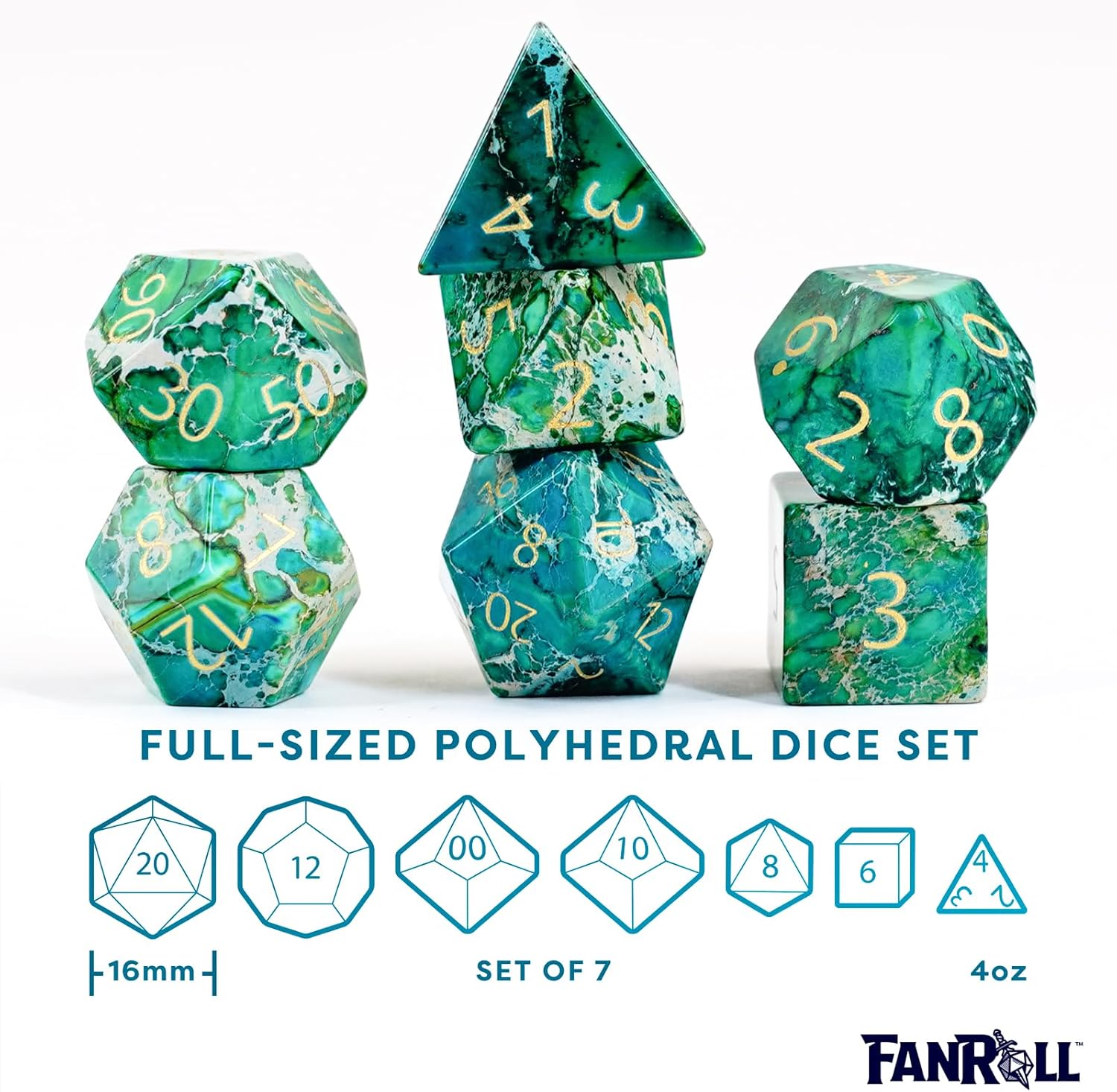 FanRoll 16mm Stone Poly DND Dice Set: Engraved Imperial Stone: Green, Role Playing Game Dice for Dungeons and Dragons