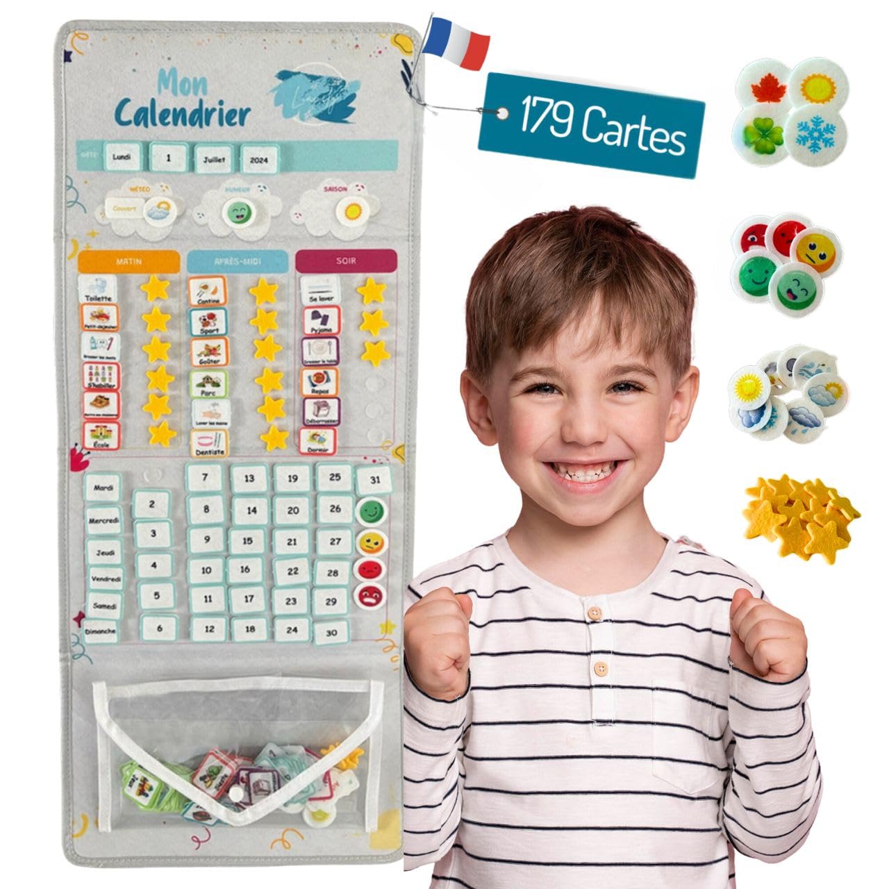 Tableau Routine Enfant Journée MagnéTique Éducatif Montessori 82x32cm 179 Vignettes D'Activités VariéES, Jour De La Semaine Enfant, Mois, MéTéo, Humeur, Pochette Rangement - Gris Clair