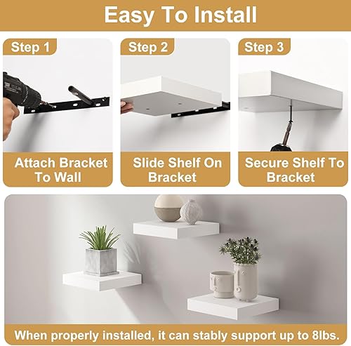 Miniatura 3 de Fixwal Estantes flotantes de 8 pulgadas para pared, pequeños estantes blancos para montar en la pared para baño, sala de estar, dormitorio,