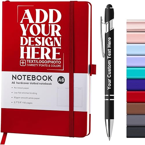 Cuaderno personalizado con bolígrafo, cuaderno A6 personalizable con logotipotextoimagen personalizados para el trabajo, la escuela, 192 páginas