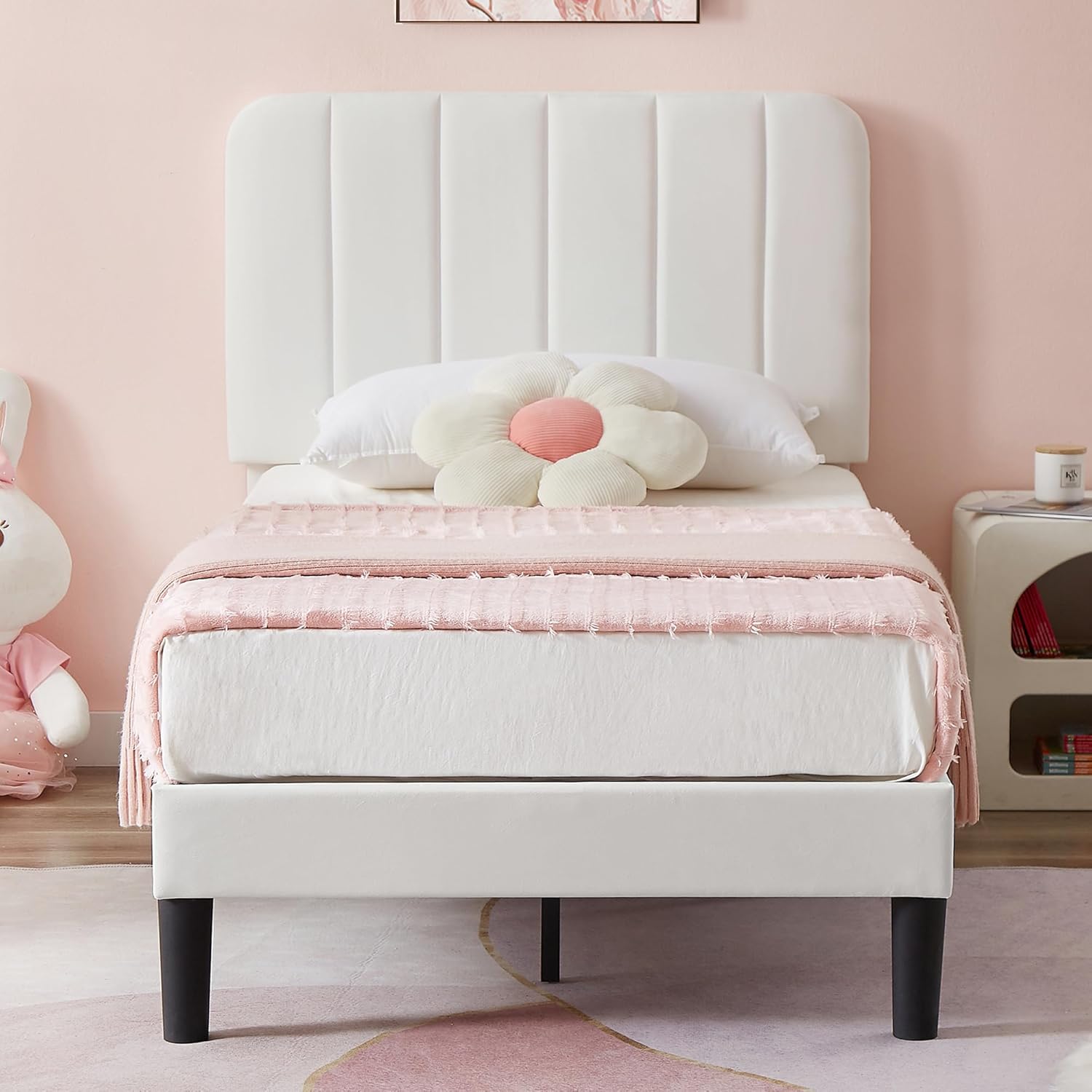 VECELO Twin Size Upholstered Bed Frame with Adjustable Headboard, Velvet Platform Bedframe Mattress Foundation, Strong Wood Slat Support, No Box Spring Needed, White