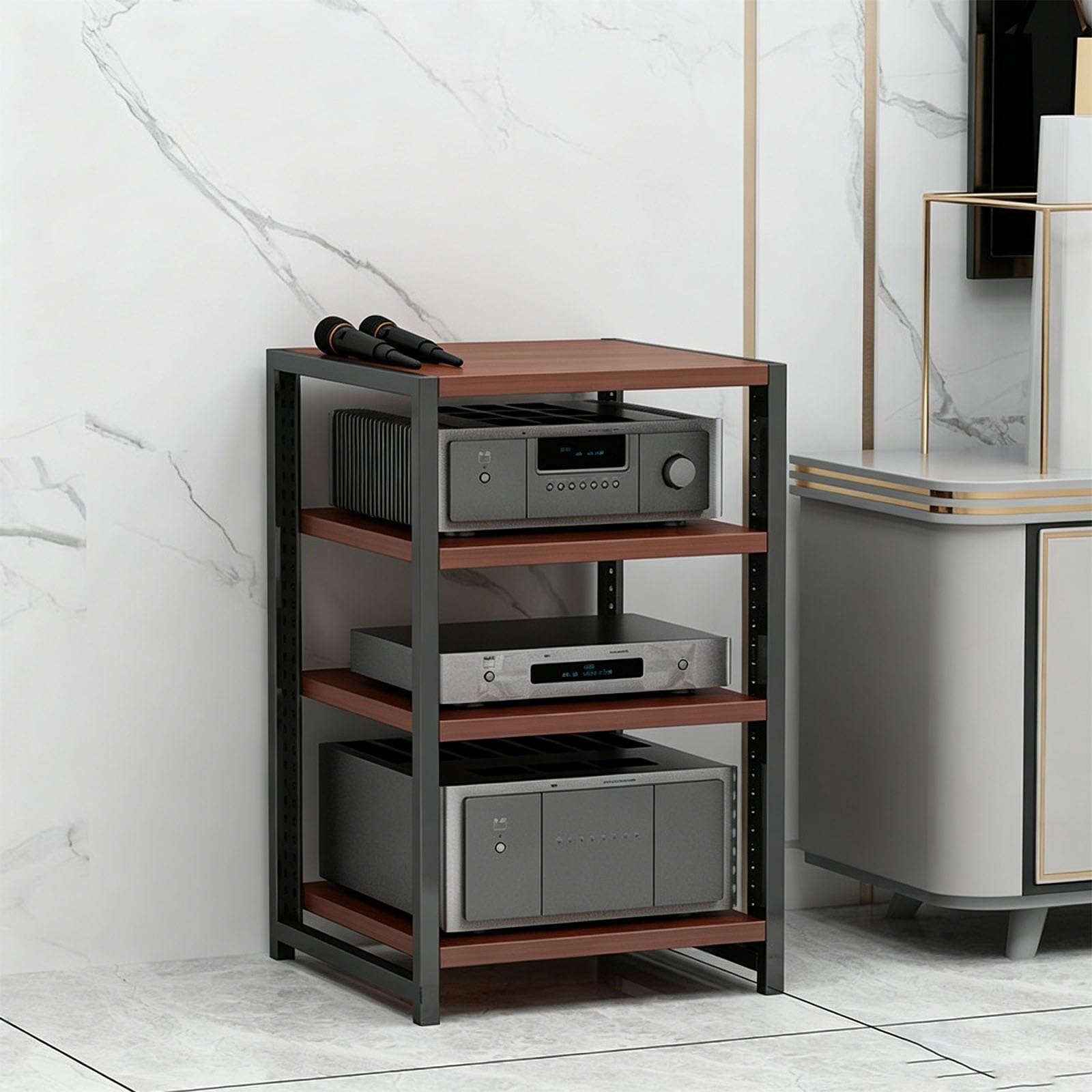 Supporto Rack Audio per Mobile Stereo e conservazione Supporti, Supporto Stereo modulare da 3 a 6 Ripiani per Home Theater, Ufficio e Soggiorno(Brown,19.6x15.7x23.6in)