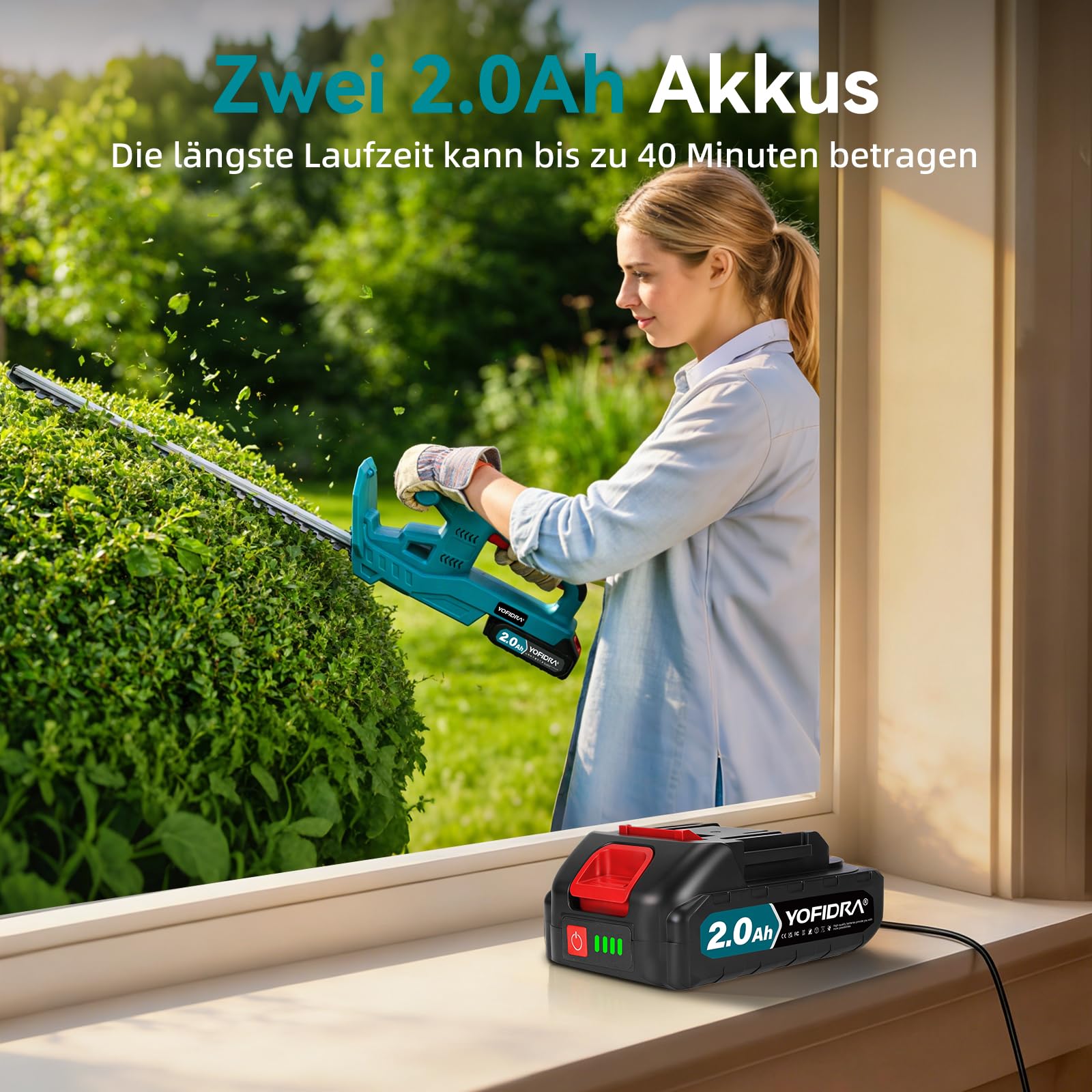 Yofidra Heckenschere Akku, 50cm Dual Schnittklingen Schnittlänge | Elektrische Heckenschere mit 2 x 2000mAh Akku & Ladegerät, 15mm Zahnabstand, Leichte Elektro-Heckenschere mit Schutzhülle