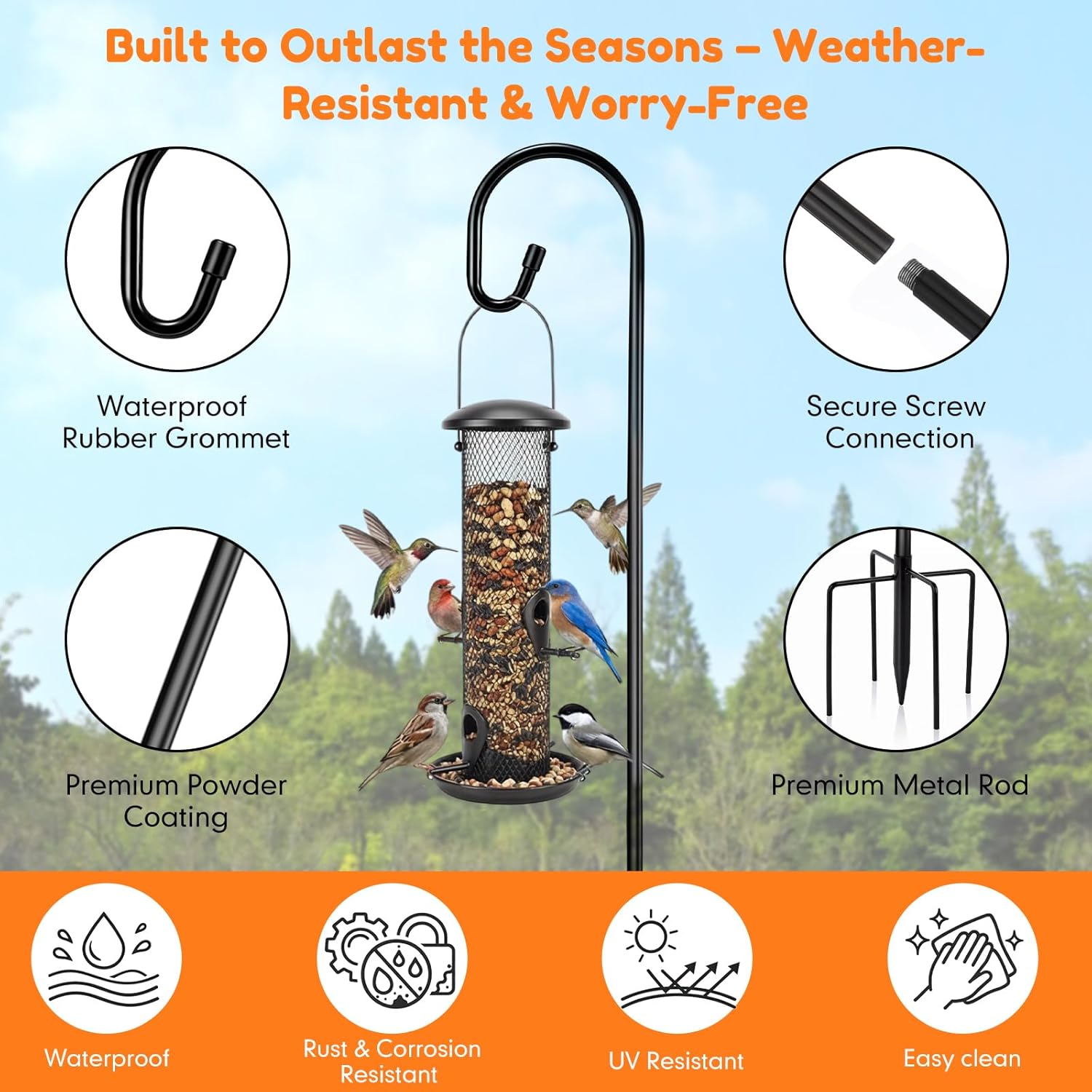 Therwen 8 Pack 48 Inch Heavy Duty Shepherds Hooks for Outdoor 1/2 Inch Thick Adjustable Rust Resistant Shepherds Hooks with 5 Prong Base Metal Bird Feeder Pole for Hanging, Plants, Solar Lights, Black