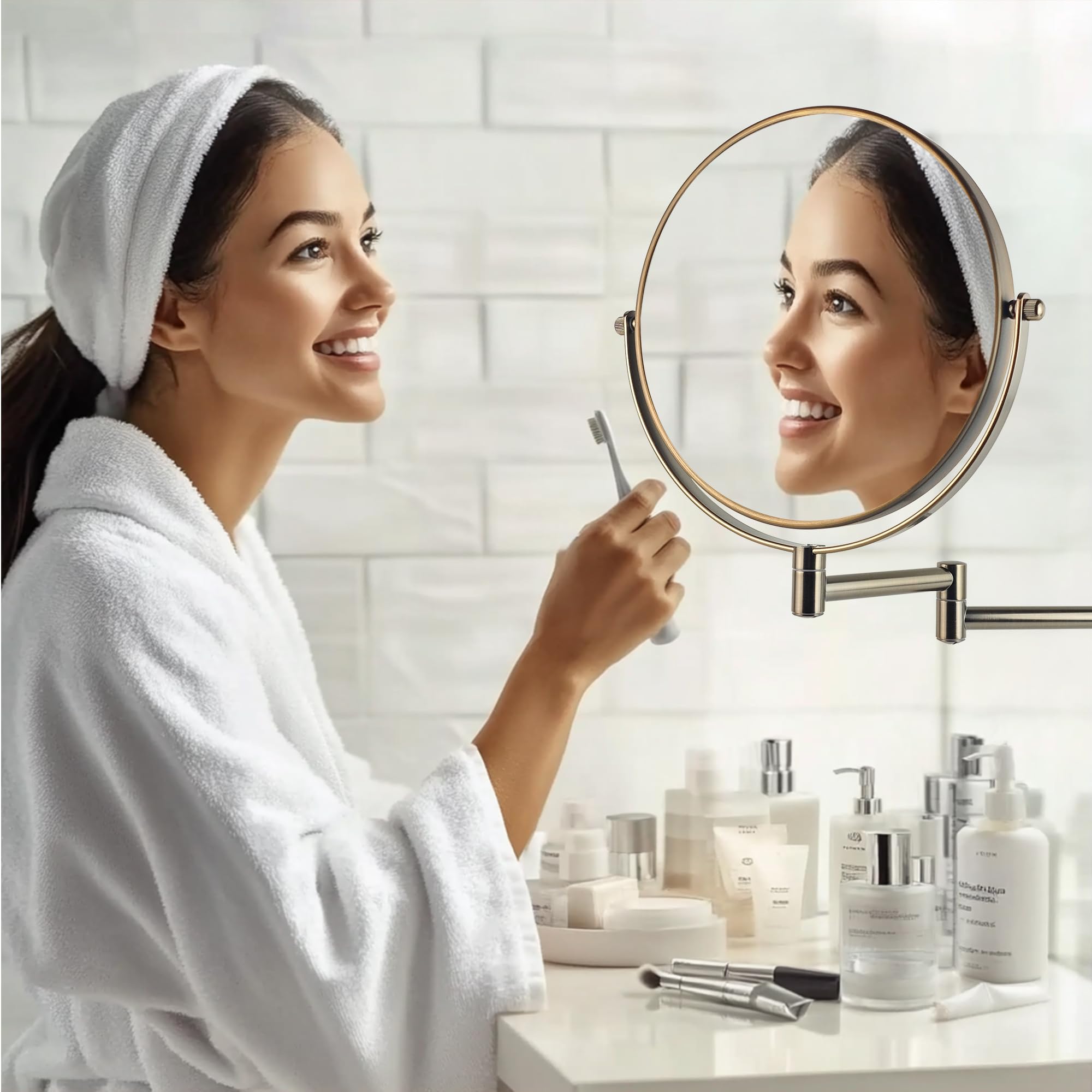 Espejo de maquillaje para baño, espejo lateral doble montado en la pared con brazo de natación para rotación de 360 grados, aumento 1X/10X para tocador, baño, dormitorio (10X)