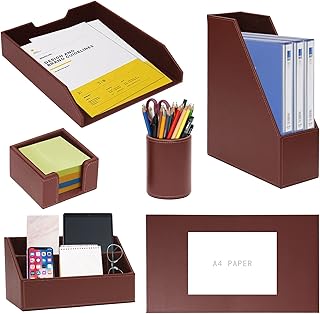 6 Piece Office Supplies/Desk Organizer Set with Desktop Leather Writing Pad,File Paper Tray,Magazine folder Holder, Pen Cup,Sticky Note Holder,Letter Mail Sorter,Workspace Decor for Women Men Brown
