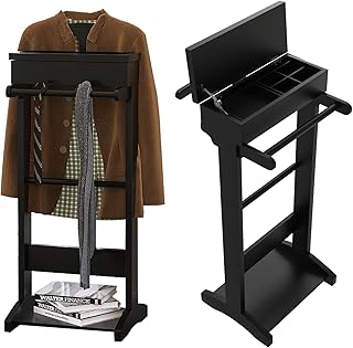 Wooden Valet Stand for Men, Clothing Rack with Top Tray Organizer, Shoe Shelf for Entryway, Bedroom, Office