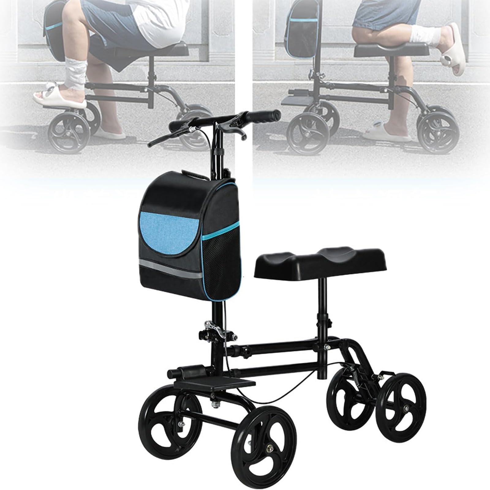 Patinete de rodilla con freno de mano y bolsa de almacenamiento, reposabrazos ajustables y reposapiés para ayuda a la movilidad