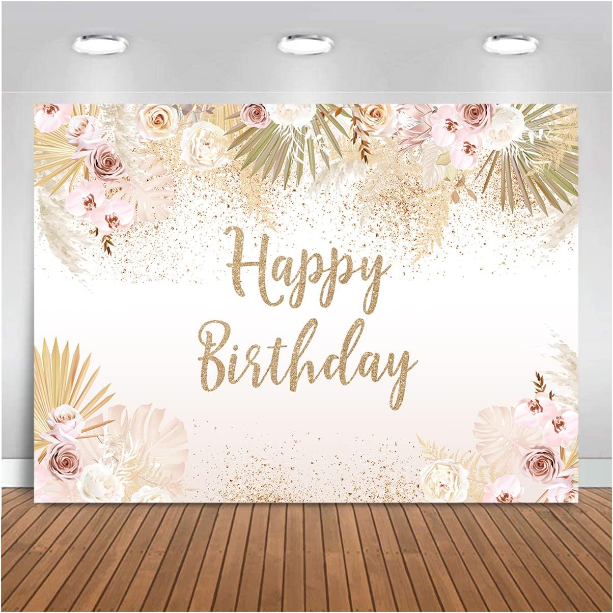 7X5FT Happy Birthday Boho Photography Background Pink Flowers Puweicao Girl Happy Birthday Party Decorations Banner Backdrop Props Photo