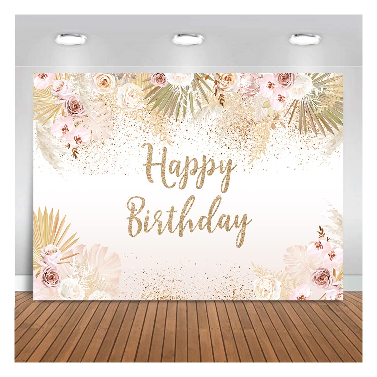 MAQTT 7X5FT Happy Birthday Boho Photography Background Pink Flowers Puweicao Girl Happy Birthday Party Decorations Banner Backdrop Props Photo