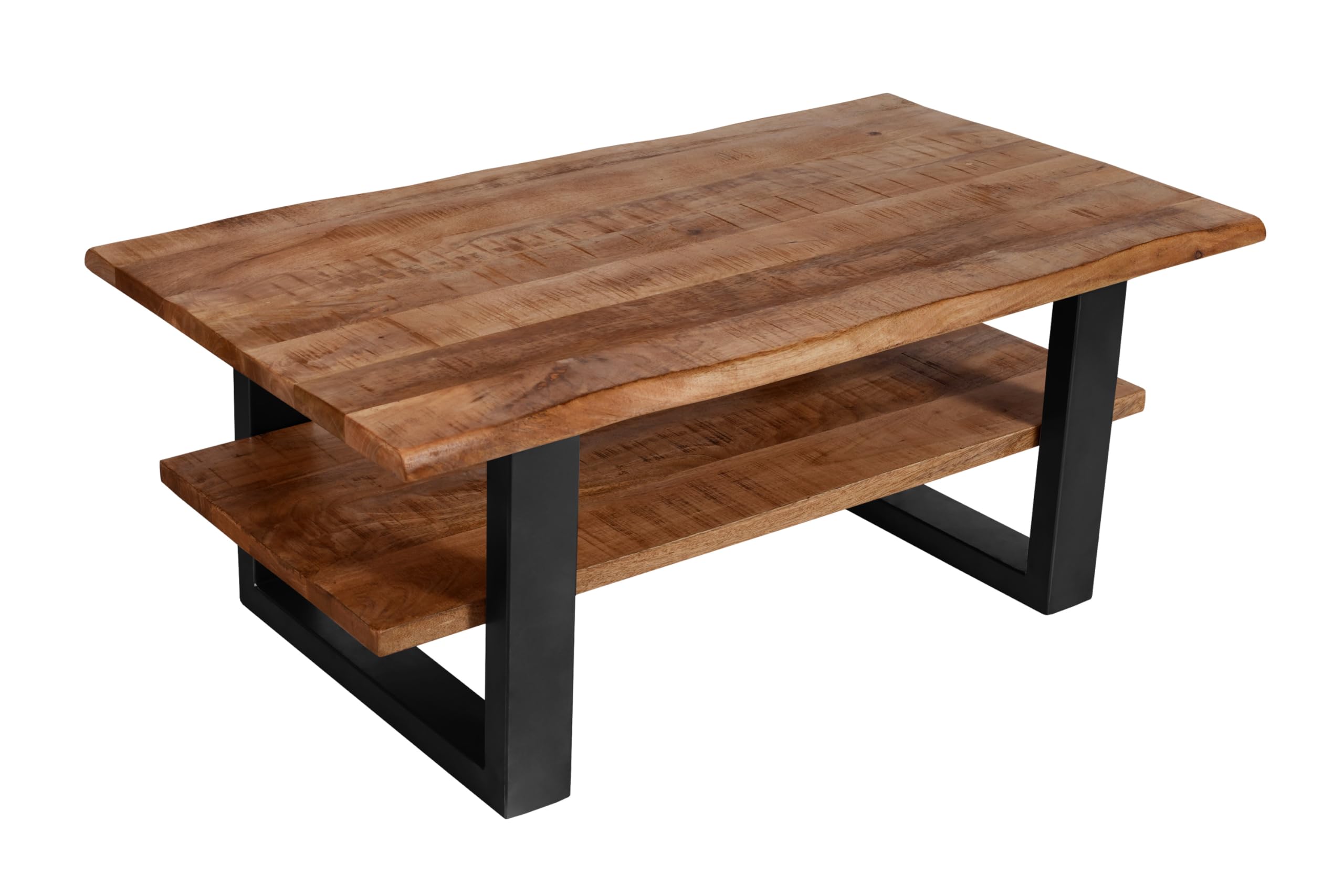 SAM Couchtisch Patrick 115x65 cm Mangoholz Honig lackiert U-Gestell schwarz | Mangoholz massiv, honigfarben, Sofatisch/Beistelltisch mit Ablage, echte Baumkante, Metallgestell