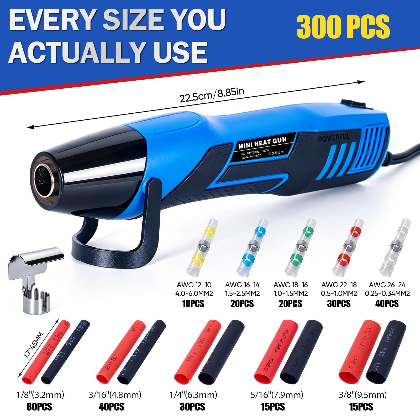 Mini kit de pistola de calor con 300 conectores de alambre termorretráctiles, conectores de alambre termorretráctiles impermeables, funda termorretráctil de 26-10 AWG para automoción, marina