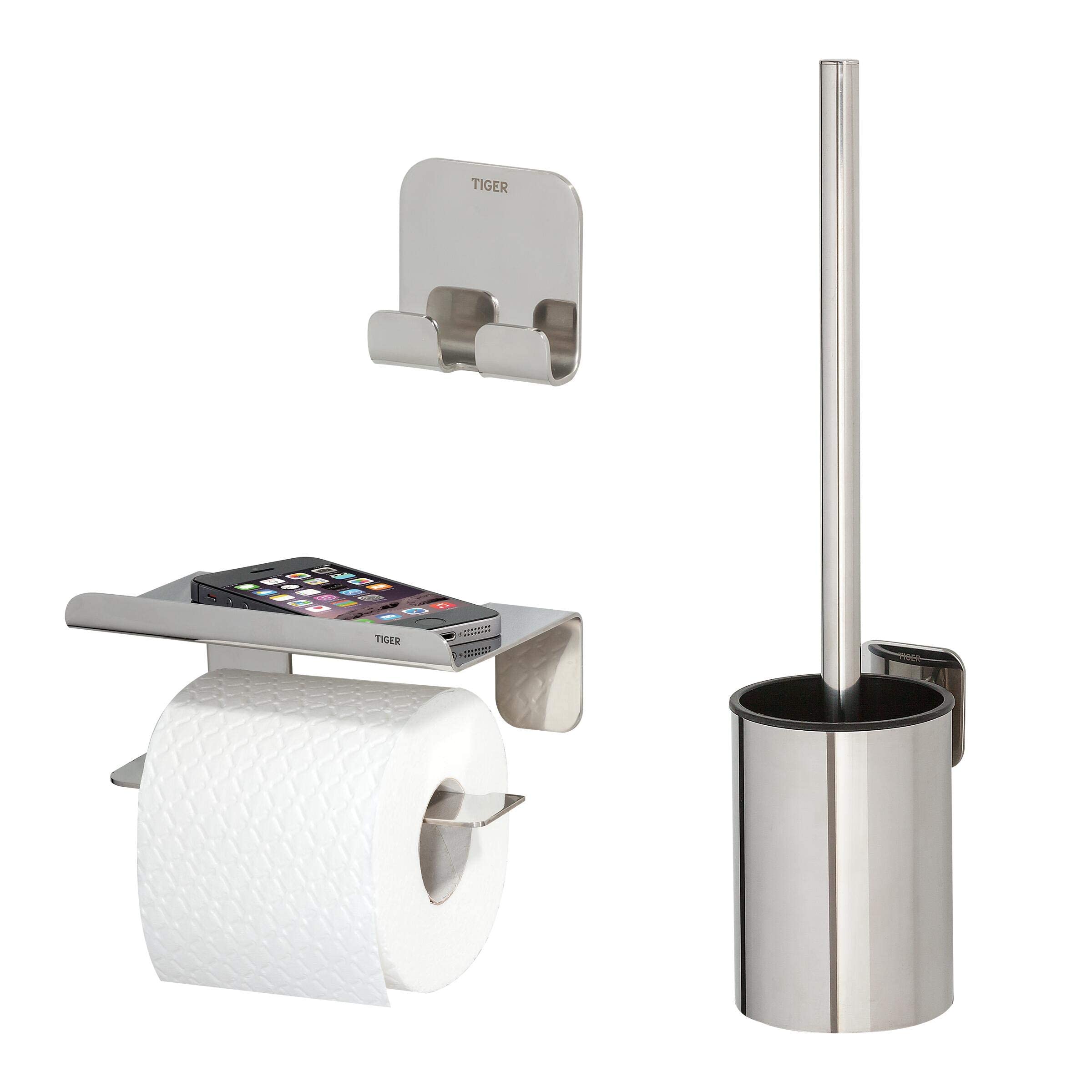 Tiger Colar Juego de Accesorios de baño - Escobillero - Portarrollos sin Tapa - Gancho de Toalla - Acero Inoxidable Pulido
