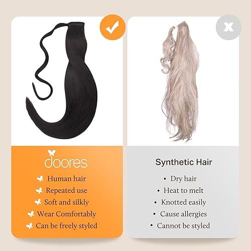 Miniatura 5 de Extensiones de cabello humano con clip DOORES color negro natural, 18 pulgadas, 2.82oz, extensiones de cabello real de cola de caballo con clip,