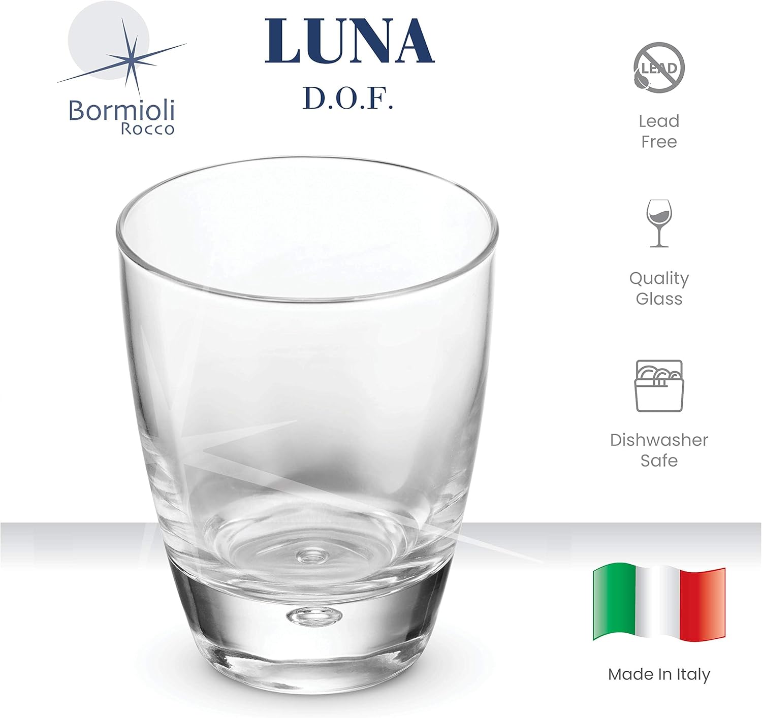 Bormioli Rocco Luna DOF Drinking Glasses, Set of 4-11.75 oz. Crystal Clear Tumblers with Smooth Rim & Floating Bubble Base - Ideal for Whiskey, Negroni & Cocktails on the Rocks - Italian Glassware