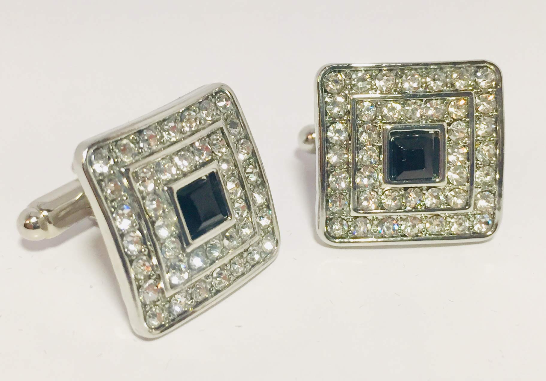 RICH & RARE Luxury Rhinestone Crystal Cuff-Links Classic Silver Square W/Gift Box