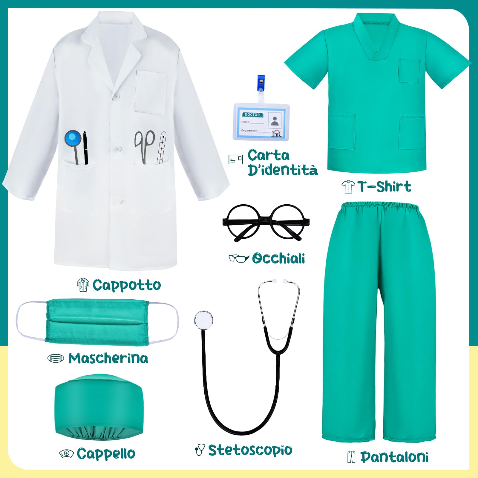 JONRRYIN Costume Dottore Bambino, Chirurgien Costume, 8 Pezzi Kit Dottore per Bambino, Dottore Costume con Stetoscopio, Kit Dottore Medico Gioco Dottore Costume Carnevale per Bambini