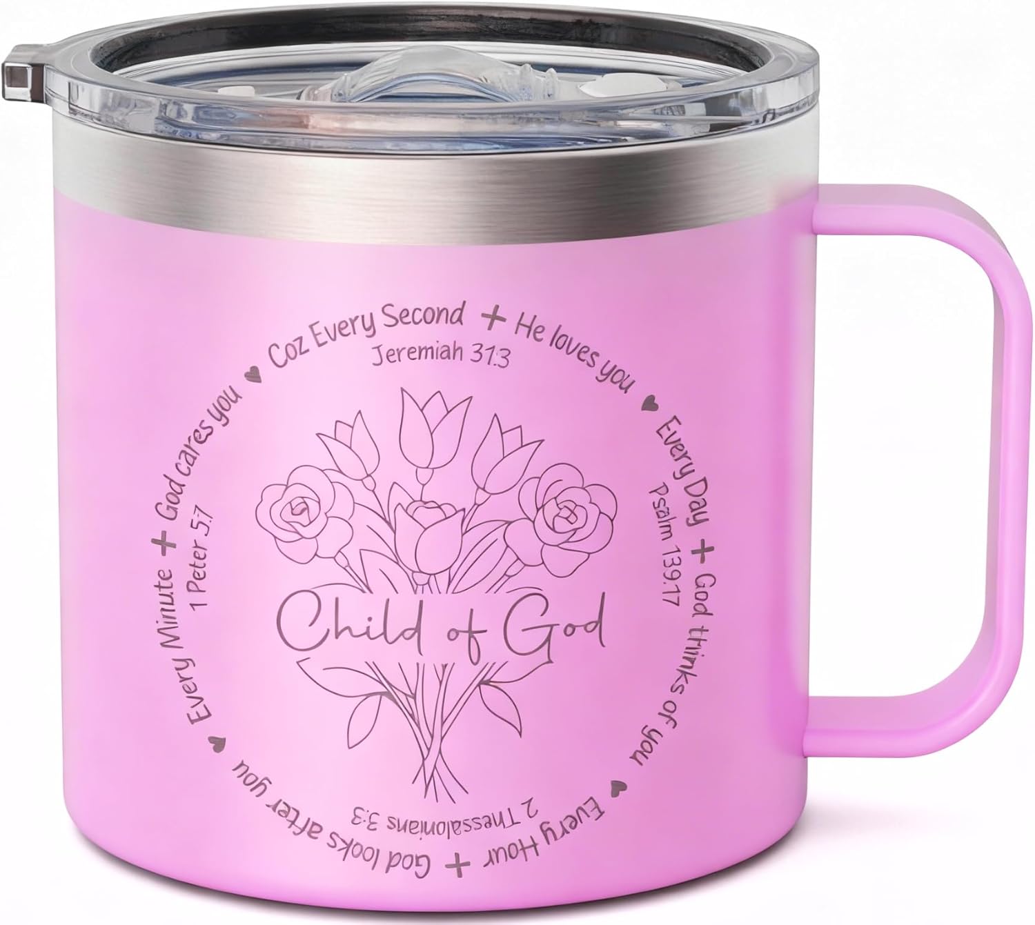Christian Mugs for Women Faith - Child of God Bible Gifts for Women -14oz Pink Christian Mugs Insulated Stainless Steel with Lid