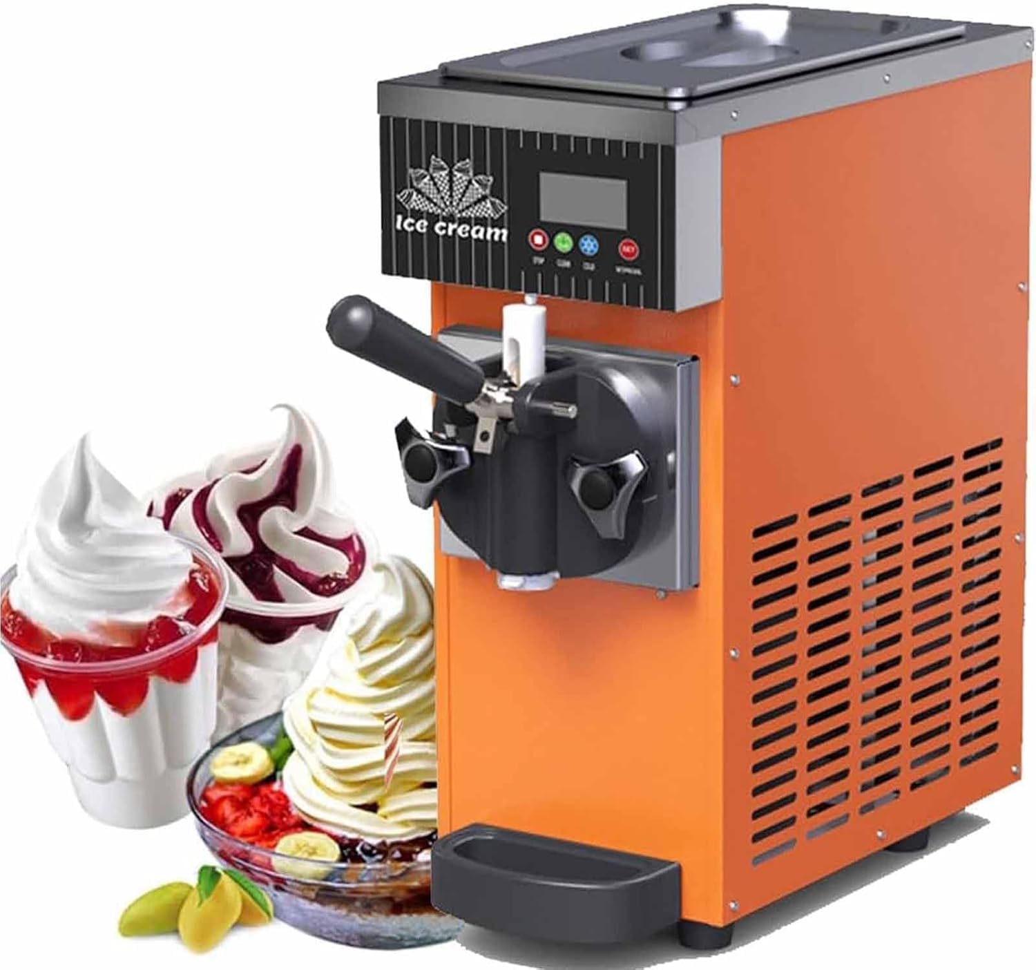 KACBFEE Commercial Soft Serve Ice Cream Maker - 450w/750w Output, 4-8kg/h, Led Display, Countertop Dispenser For Restaurants & Cream Shops, Efficient & Durable Orange 750W