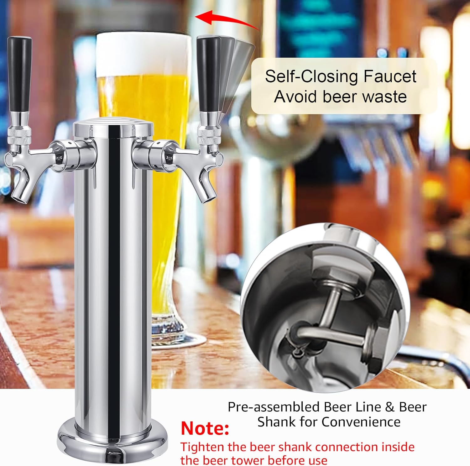 Kegerator Tower Dual Tap Beer Tower Dispenser Kegerator Parts，3 Inches Stainless Steel Beer Tower Includes Pre-Assembled Hose and Self-Closing Faucet
