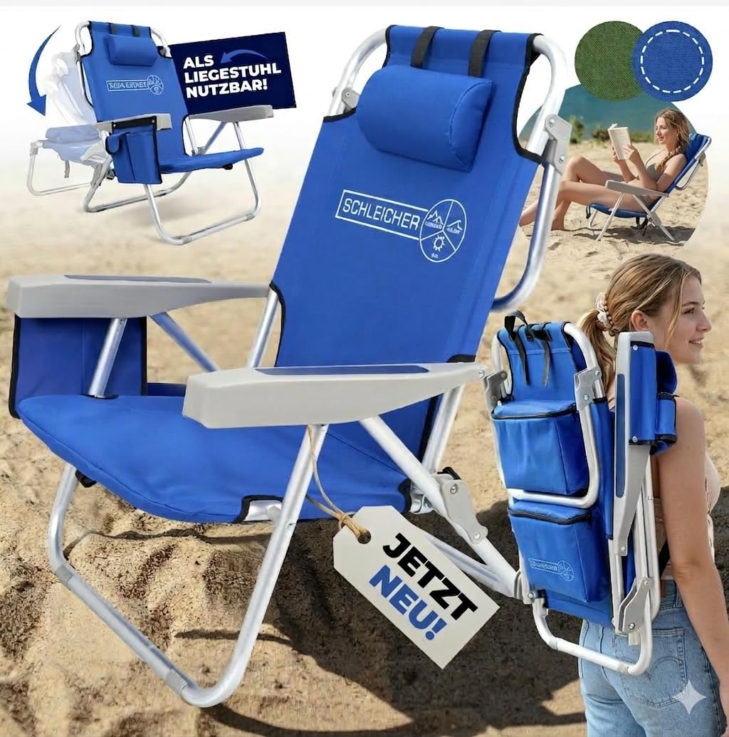 Schleicher 4-in-1 Strandstuhl & Campingstuhl – Ultraleicht mit Rucksackfunktion, Kühlfach & Kissen – Belastbar bis 150kg – Faltbarer Outdoorstuhl für Strand & Reise – Ocean Blue