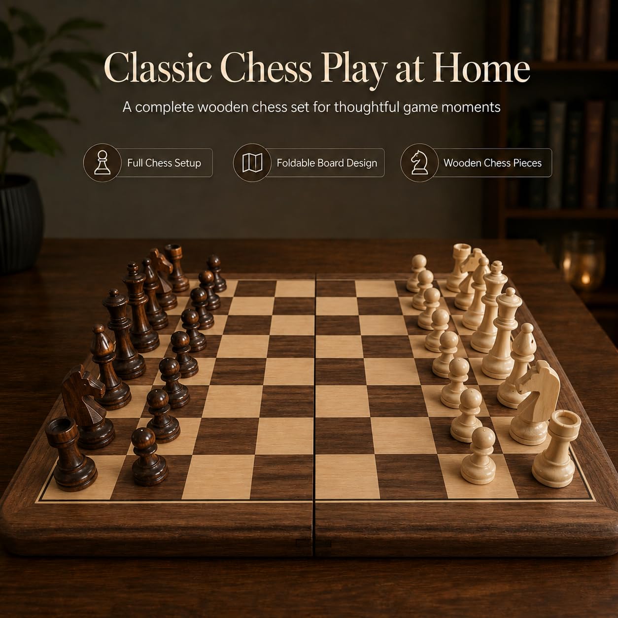 38 cm Holz Klapp-Schach- und Dame-Set, 2-in-1 Brettspiel, 7,6 cm König Staunton Figuren, 2 zusätzliche Damen (Vintage)