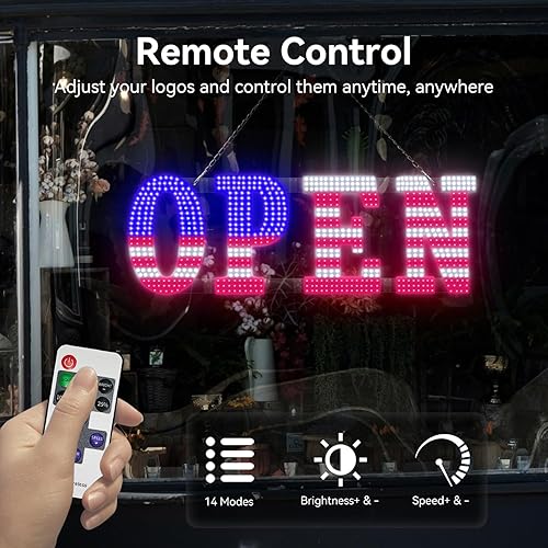 Miniatura 2 de LemonNova Letrero abierto con la bandera de Estados Unidos, letrero abierto grande de 40 x 14 pulgadas con 13 modos de escena, letrero abierto para