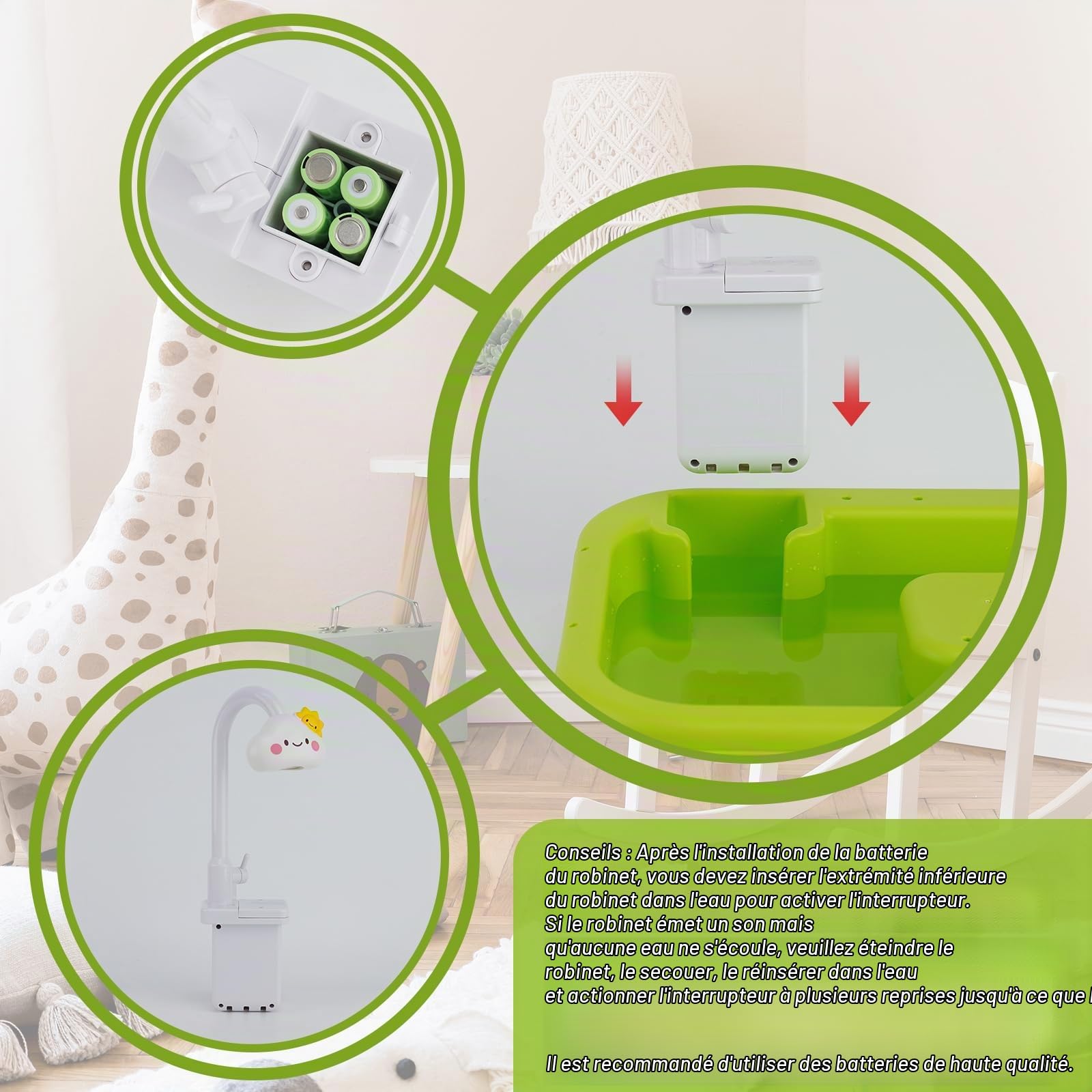 Lavabo Enfant Cuisine,Evier Enfant avec Circuit Eau, Système de Recyclage de l'eau, Jouets de pêche Flottants de Piscine pour Jouer à l'eau pour Enfants à Partir de 3 Ans, Vert
