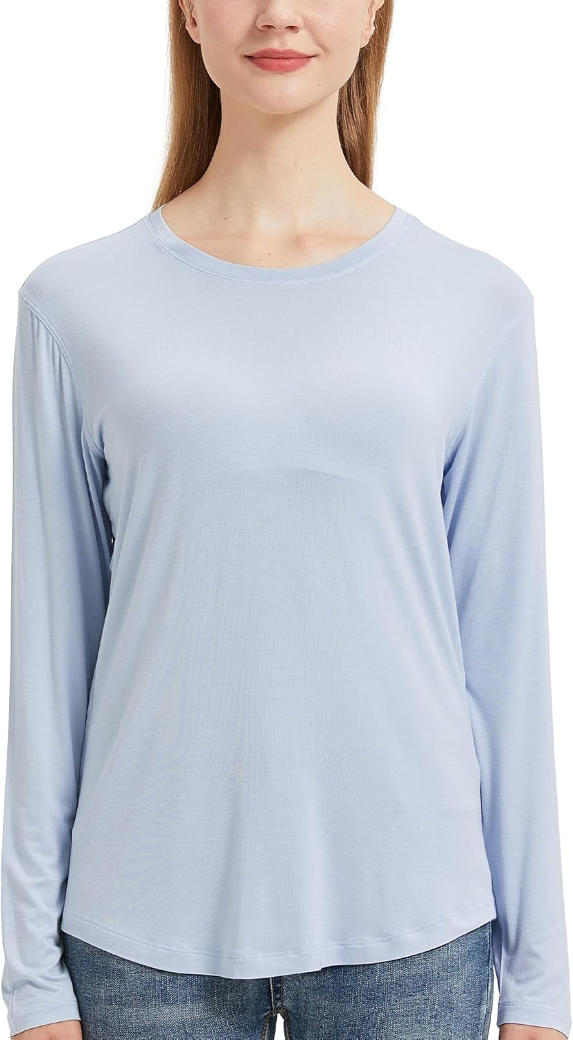 netdraw Women's Lightweight Bamboo Viscose T-Shirt Buttery Soft Curved Hem Long Sleeve Sleep Lounge Pajama Tops