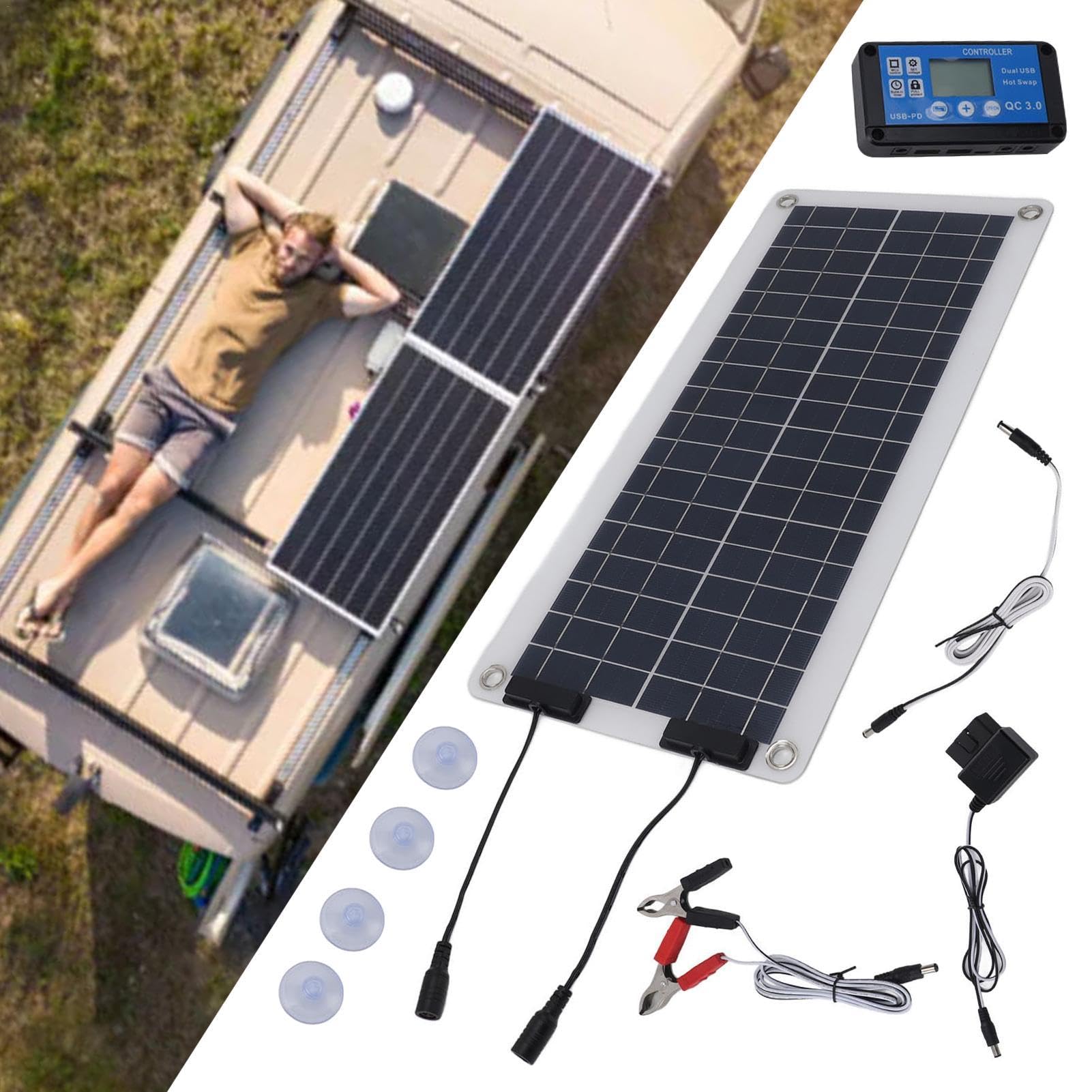 Mantenitore caricabatteria per auto solare,Mantenitore batteria solare | Caricabatteria di mantenimento da 100 W impermeabile,Mantenitore solare per doppia uscita, per auto nautiche, barche, moto, aut