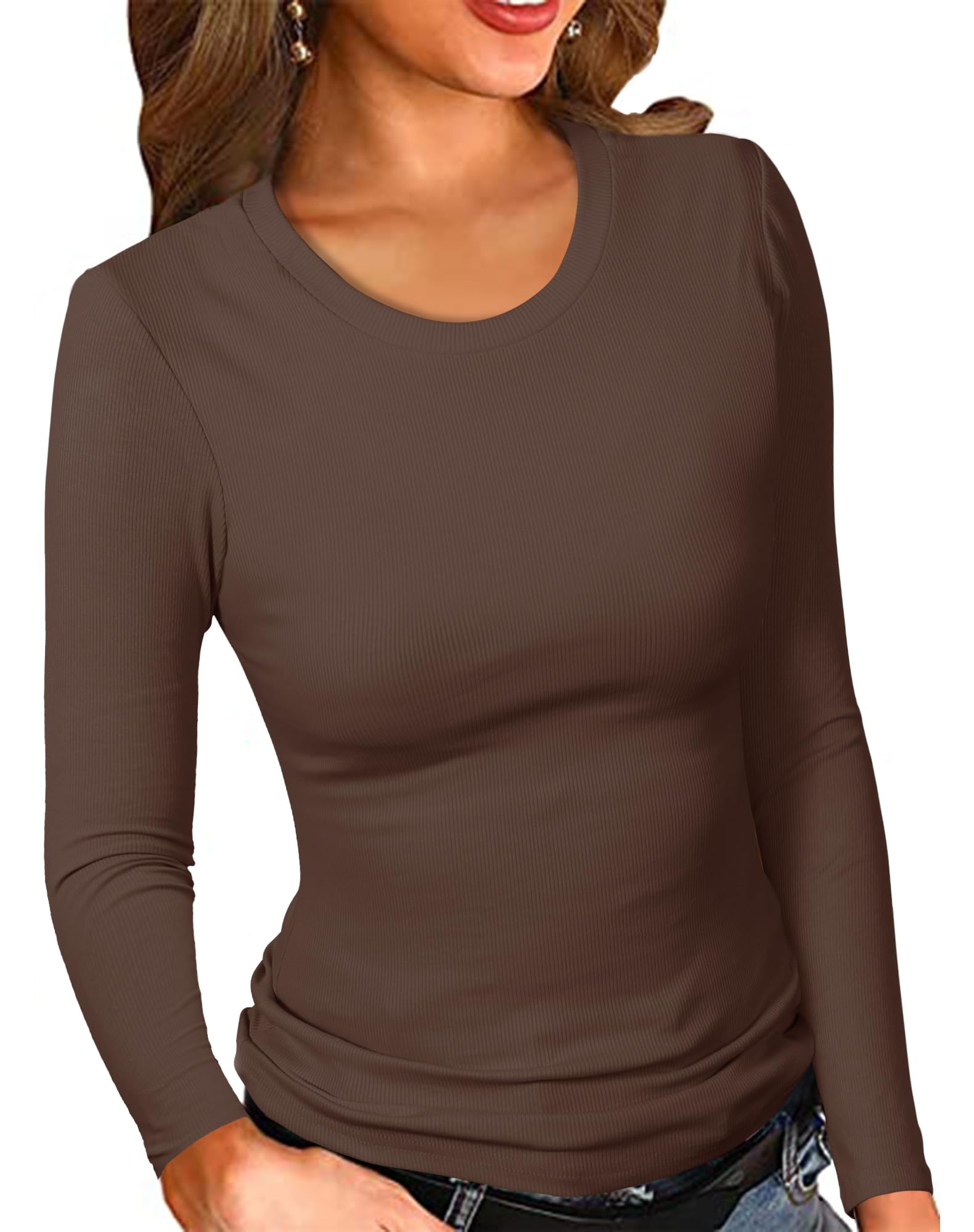 PALINDAWomne's Ribbed Round Neck Slim Fitted T Shirts Basic Solid Long Sleeve Layering Tee Tops