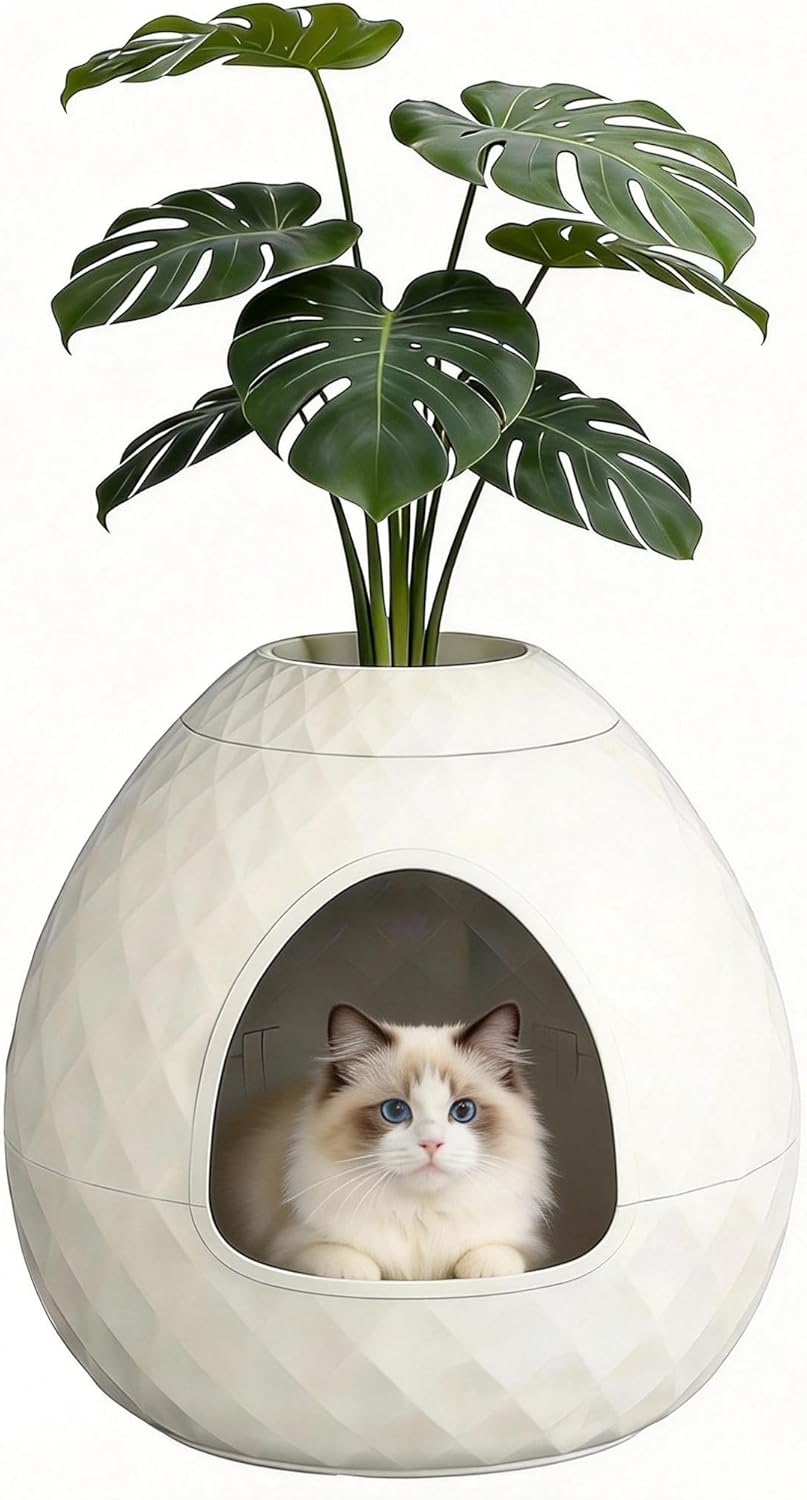 DRATO Cat Litter Box Enclosure Hidden Litter Box Furniture with Removable Planter Top Vented Easy to Clean Multi-Functional for Living Room Indoor（White，19.69 * 19.61 * 18.43）