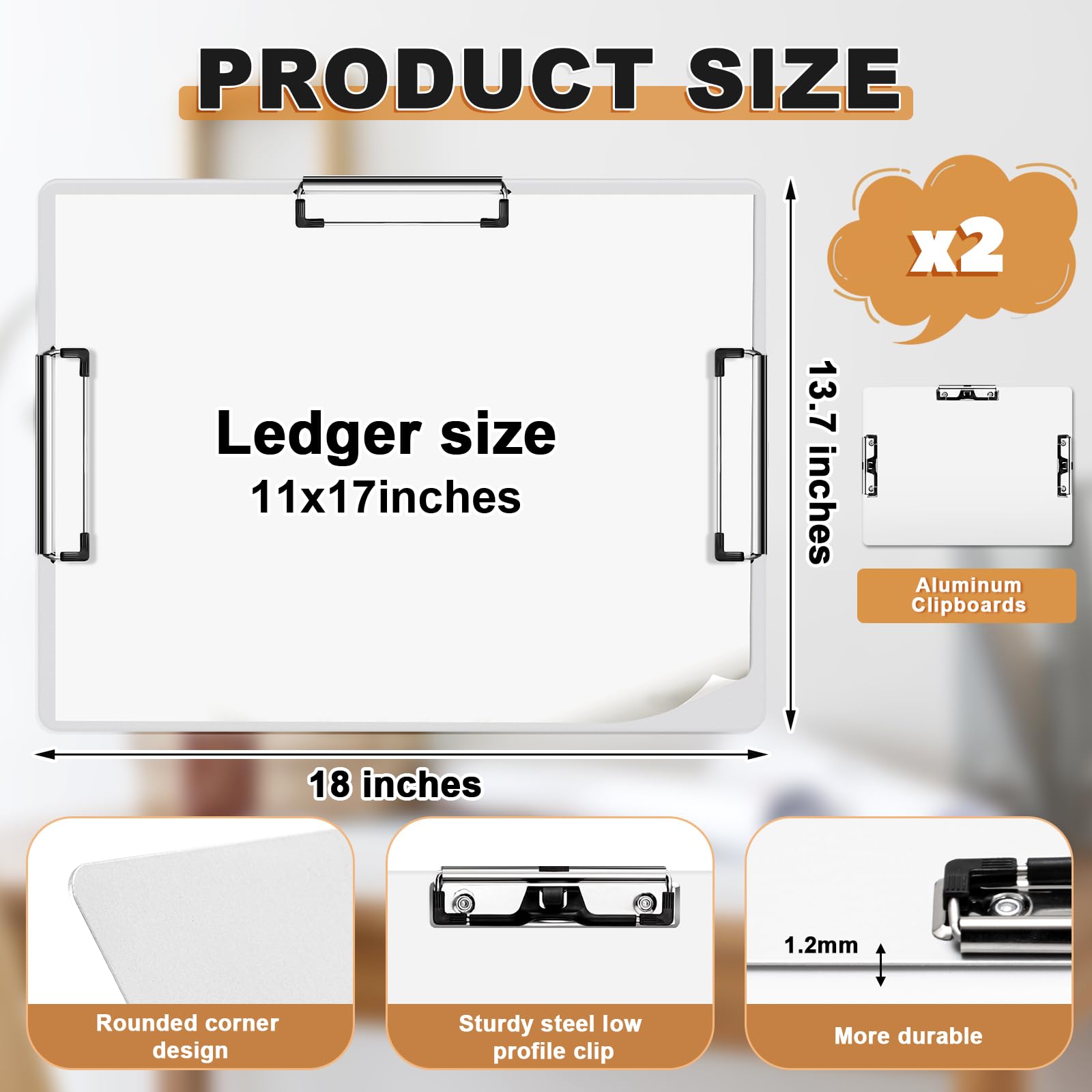 Tenceur Klemmbrett mit drei Clips, 28,9 x 43,2 cm, robust, extra groß, horizontales Klemmbrett, 28,9 x 43,2 cm, Zeichen-Klemmbrett für Schule, Büro, Zuhause, Studenten, Lehrer, Zubehör (Aluminium), 2