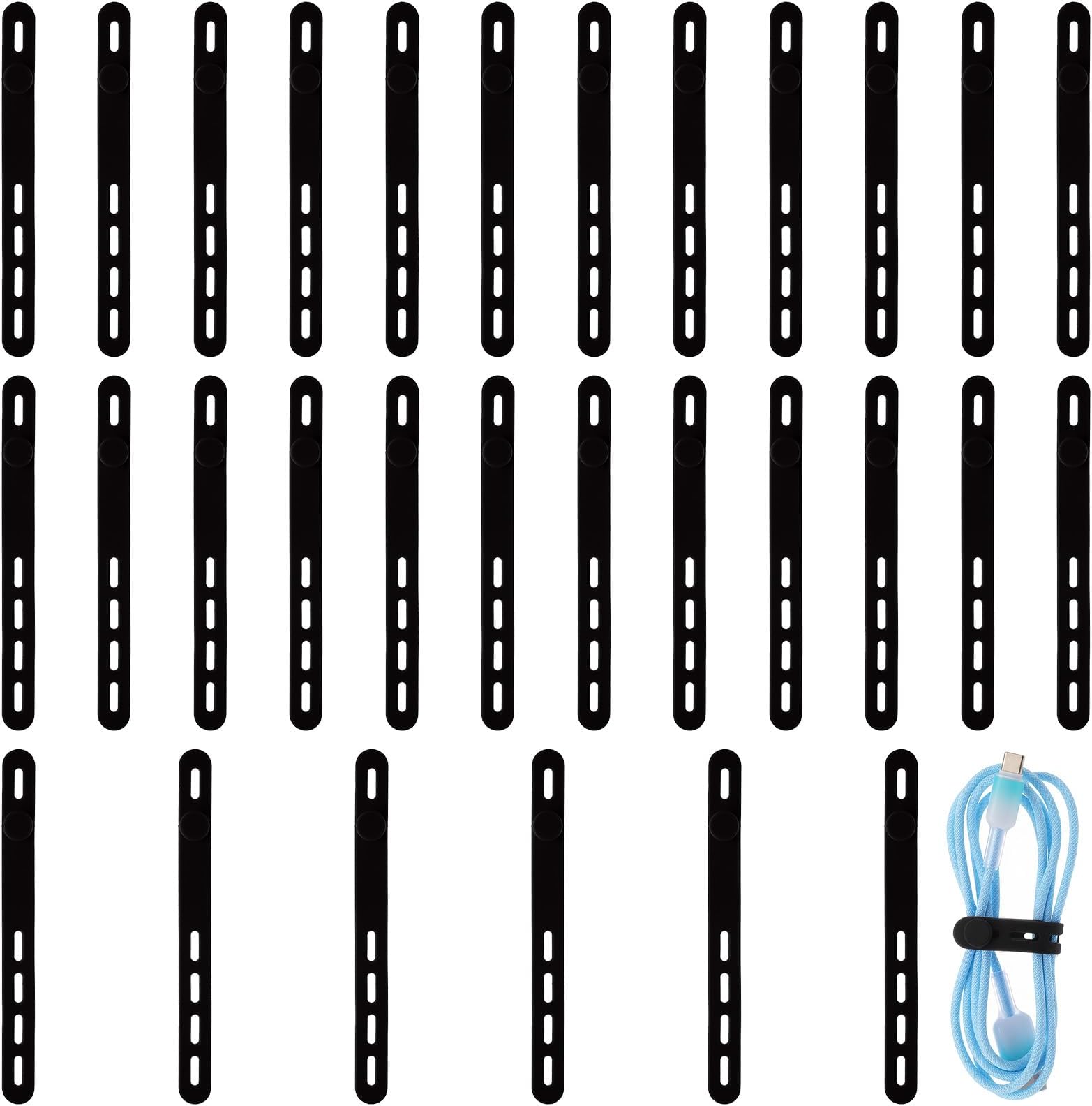 cobee 30 Pcs Silicone Cable Ties, Four Holes Cables Straps Wire Organizer, High Elasticity Reusable Cord Wraps for Fastening Charger Home Office Desk Kitchen Appliances Cable Cords Wires(Black)