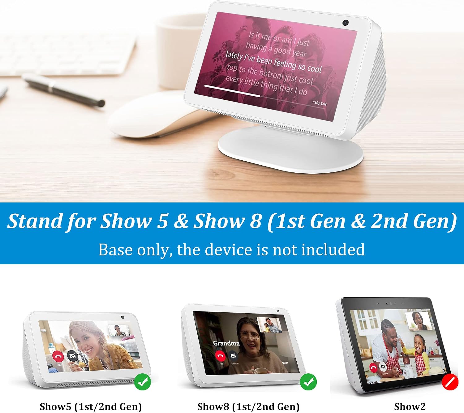 PlusAcc Stand for Echo Show 5 & Show 8 - Adjustable Alexa Holder Stand Accessories for Echo Show 5/ Show 5 2nd Generation/Show 8/ Show 8 2nd Generation, Tilt Function, Anti-Slip Base (White)