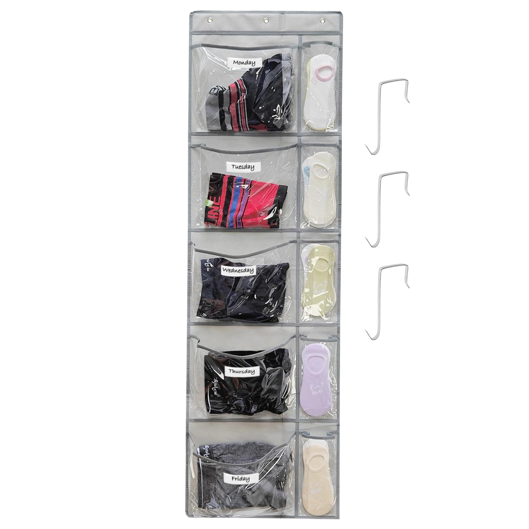 Vervevum Over the Door Organizer, Protable Door Organizer Hanging with 5 Pockets, Foldable Hanging Closet with 3 Sturdy Hooks, Days of the Week Clothes, Over Storage
