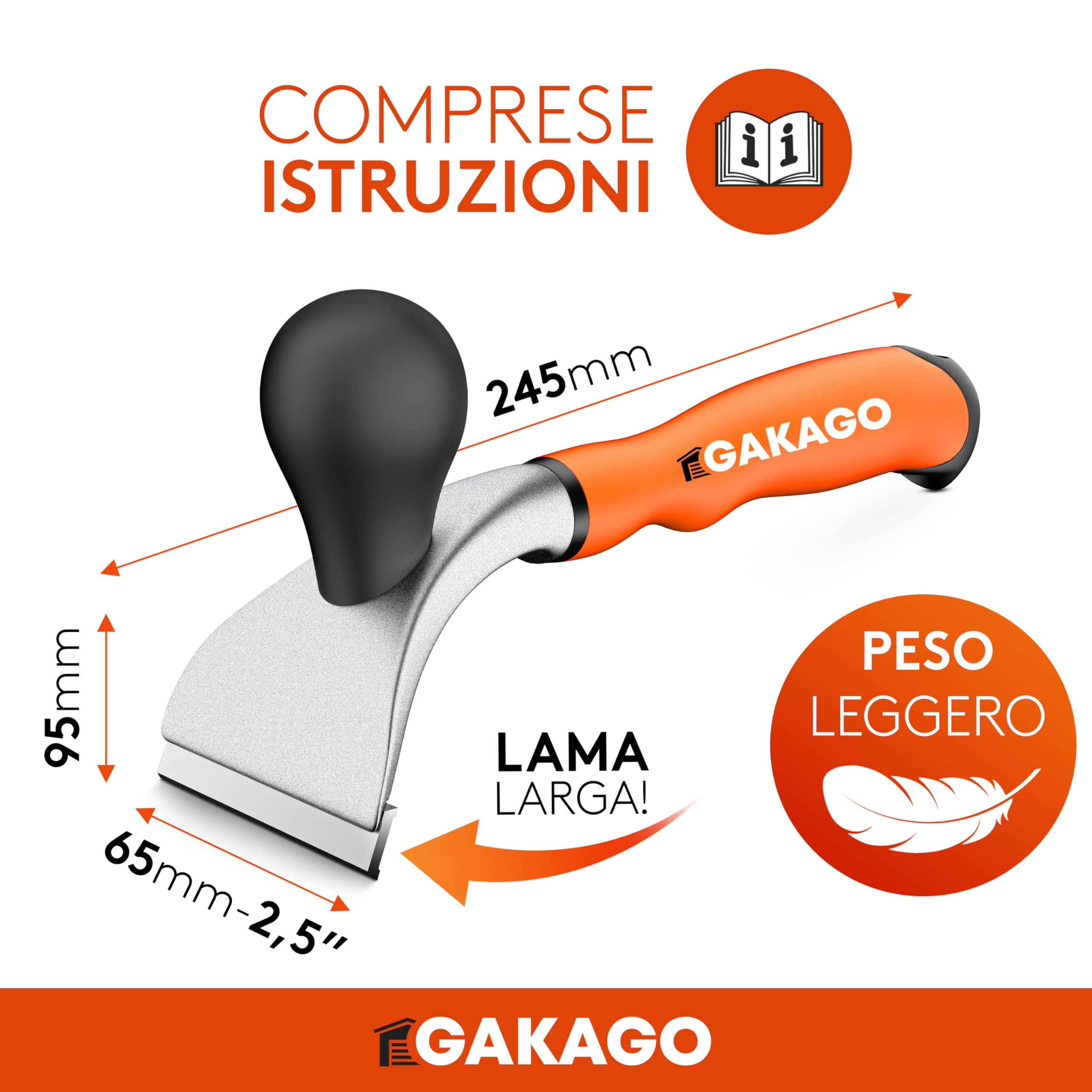 Gakago Raschietto - Lama di alta qualità da 65 mm in resistente carburo di tungsteno - Raschietto universale ergonomico e antiscivolo per legno, metallo, cemento o pietra