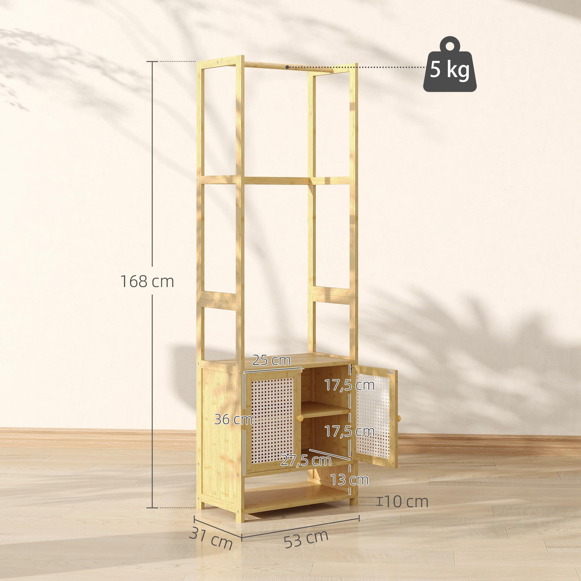 HOMCOM Perchero con Armario, Perchero para Ropa de Bambú, con Zapatero, Barra para Colgar, Estante Ajustable, para Entrada, Pasillo, Dormitorio, 53x31x168 cm, Natural