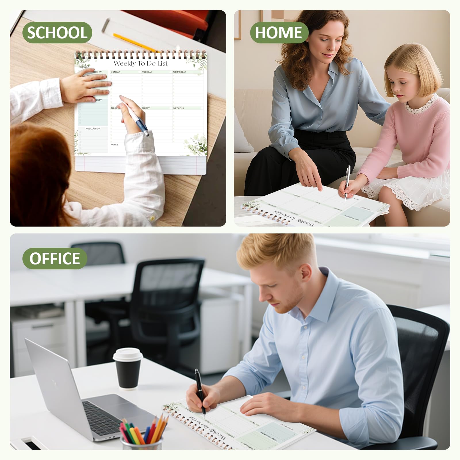 Wochenplaner mit 52 undatierten Blättern (21,6 x 27,9 cm), Schreibtisch-Wochenplaner, Notizblock für Büro-Schreibtischzubehör und Schulbedarf, Grün
