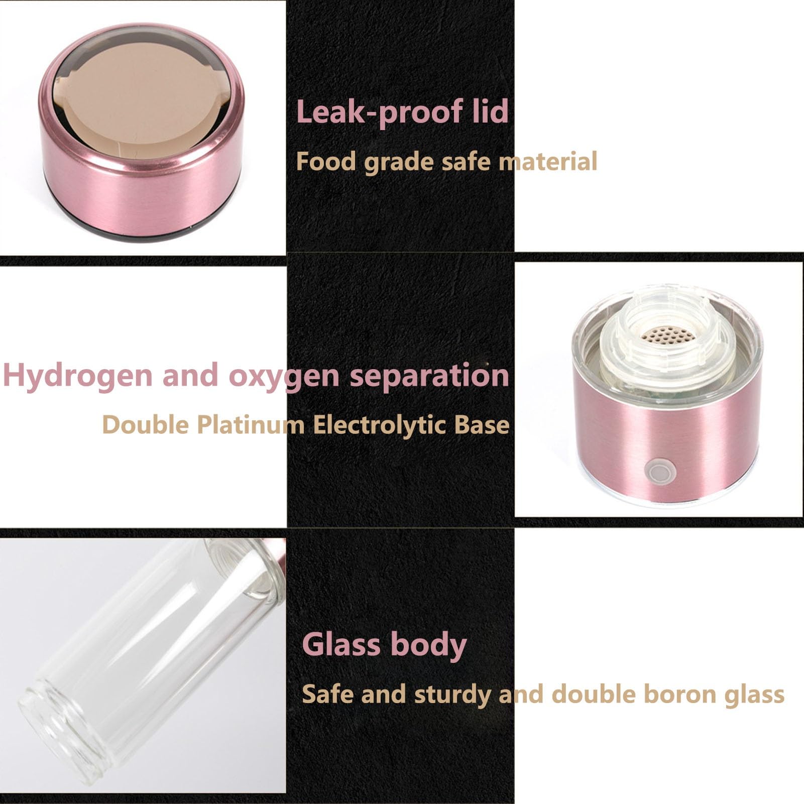 PAHION Generador De Agua De Hidrógeno 3-en-1 Botella De Agua De Hidrógeno Molecular Portátil Copa De Salud De Vidrio De Agua Rico En Hidrógeno Contenido De Hidrógeno A 1300-1600 PPB 400 Ml