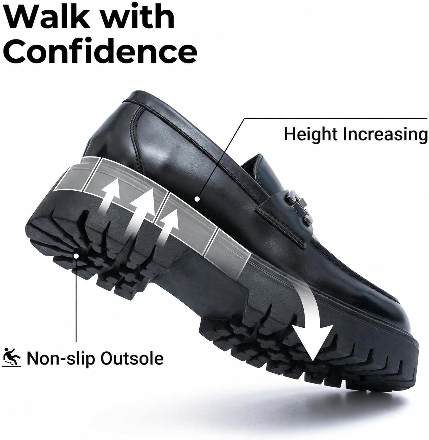 Men's Classic Leather Platform Loafers Comfort Lug Sole Non-Slip Slip-On Dress Shoes Metal Decoration Round Toe Chunky Business Work Shoes - Image 5