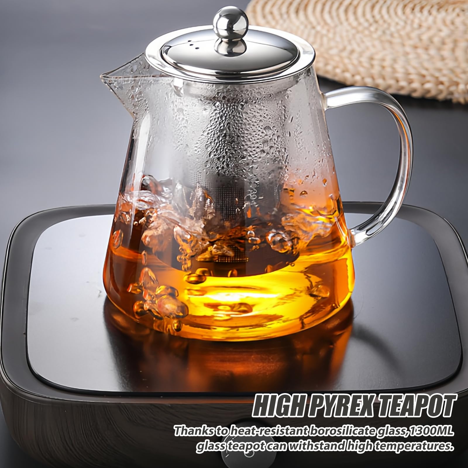 Honneeo Teiera in Vetro Borosilicato 950 ml con Filtro, Bollitore da Cucina Sicuro per Piano Cottura, con Colino in Acciaio Inox 304, Tisaniera Infusiera per Foglie di Tè Sfuso,Tisane,Caffè,Teabloom