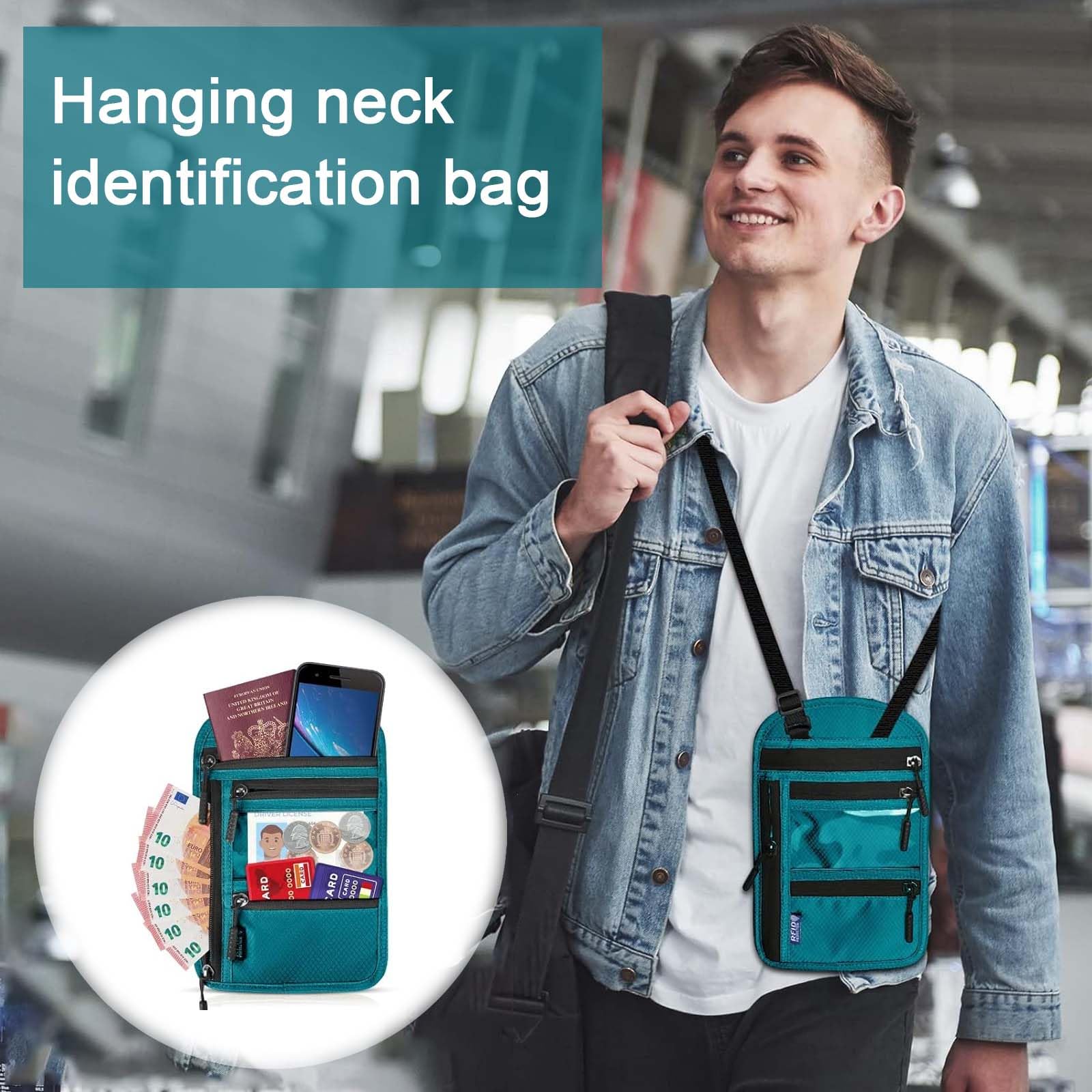 Podróżny portfel na szyję, etui na paszport, blokowanie RFID, wodoodporny portfel na paszport, torba podróżna, organizer torba z regulowanym paskiem na szyję, dla mężczyzn i kobiet, NIEBIESKI,