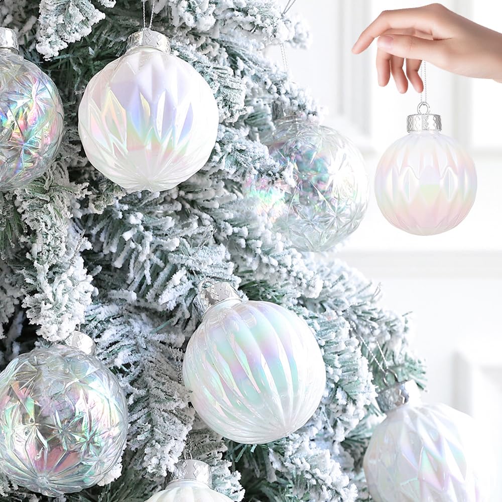 Juego de 9 bolas decorativas blancas iridiscentes de Navidad de 3.15 pulgadas, plástico transparente inastillable, adornos colgantes para decoración de árbol de Navidad, interiores, hogar, Acción de