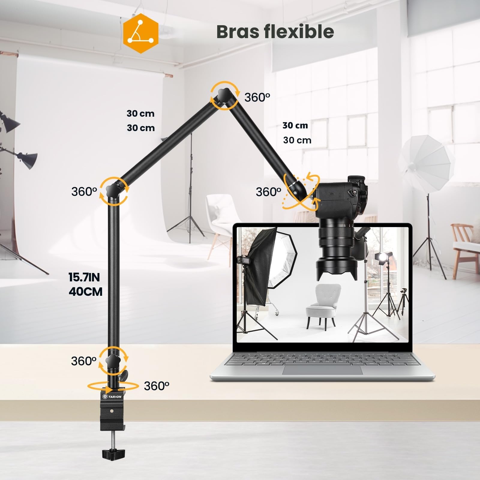 TARION Support de Bureau pour Appareil Photo trépied aérien Bras articulé Flexible à 360° avec vis 3/8' et vis 3/8' à 1/4' Reflex numériques Projecteur Ring Light TKB01