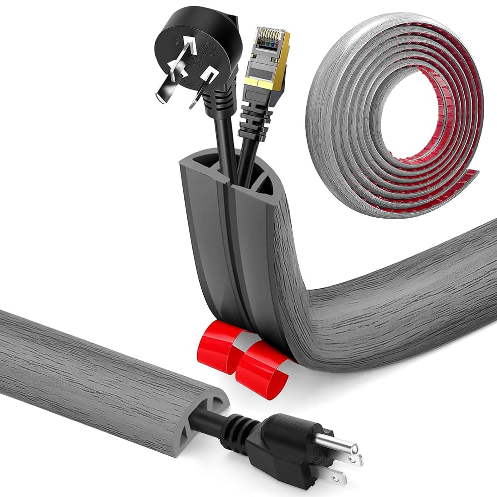 Goulotte Passe-câble Sol Adhésive - 3 Canaux - PVC Souple - 3m X 3cm - Grain Bois - Cache Fils