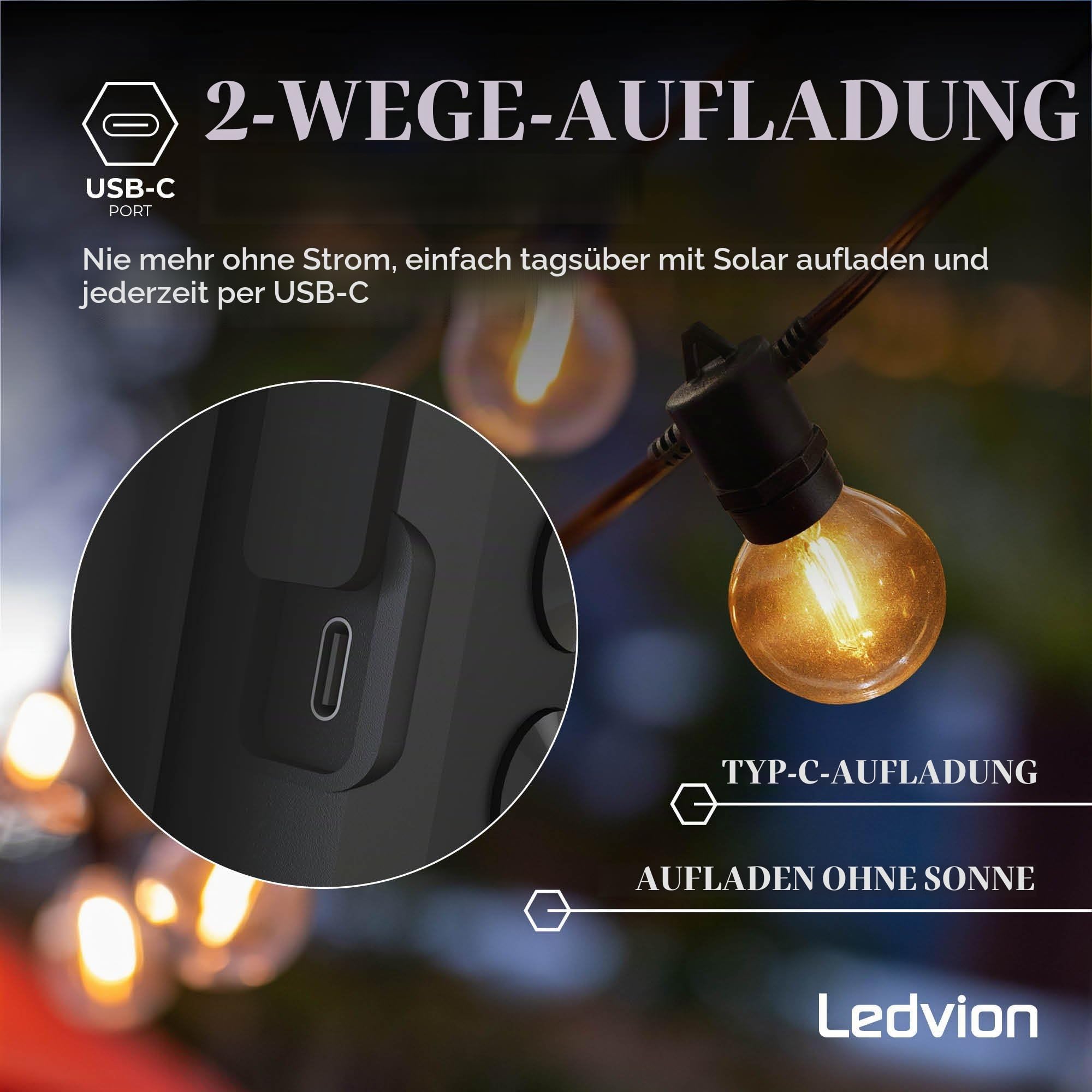 Ledvion - Lichterkette, 16.5M Solar, 30x E12 LED Lampe, wasserdicht IP44, 2700K, G40, Plug & Play, koppelbar