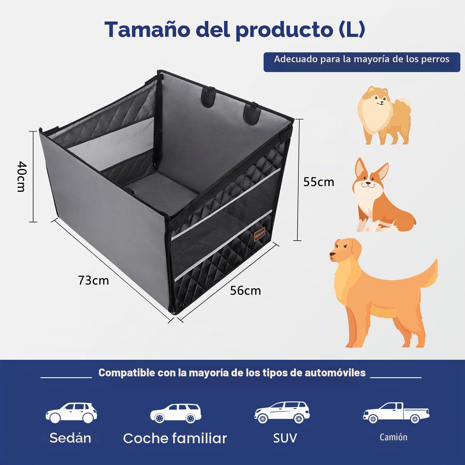MIXJOY asiento de coche extra estable, resistente al agua, antideslizante para perros medianos y grandes, asiento reforzado con 4 correas de fijación