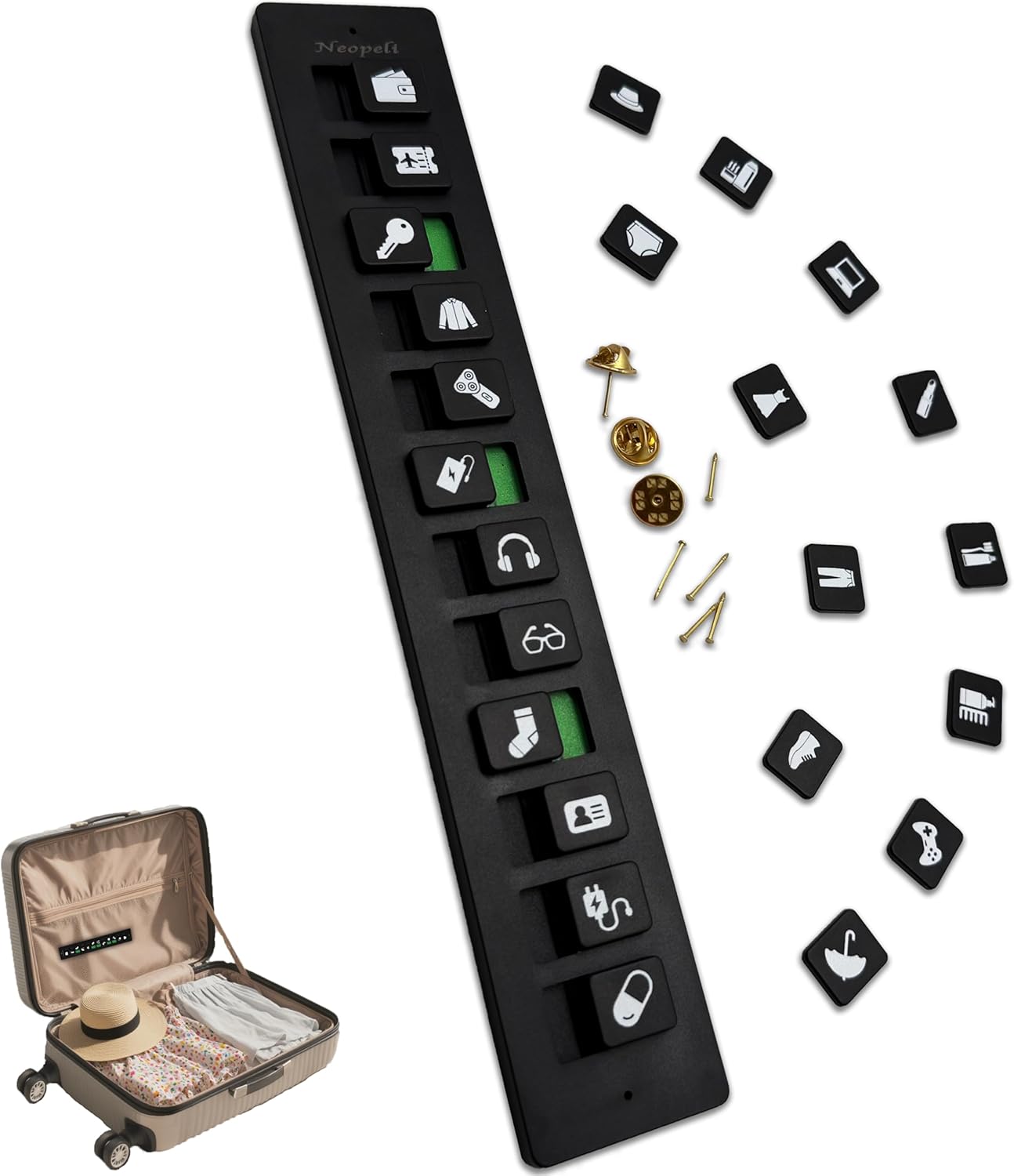 Packing Reminder – Reusable Suitcase Checklist with 24 Sliders, Waterproof & Lightweight, ADHD Travel Accessories for Luggage, College Checklist Dorm Room, Gift for Traveler, Elderly & Kid (Black)