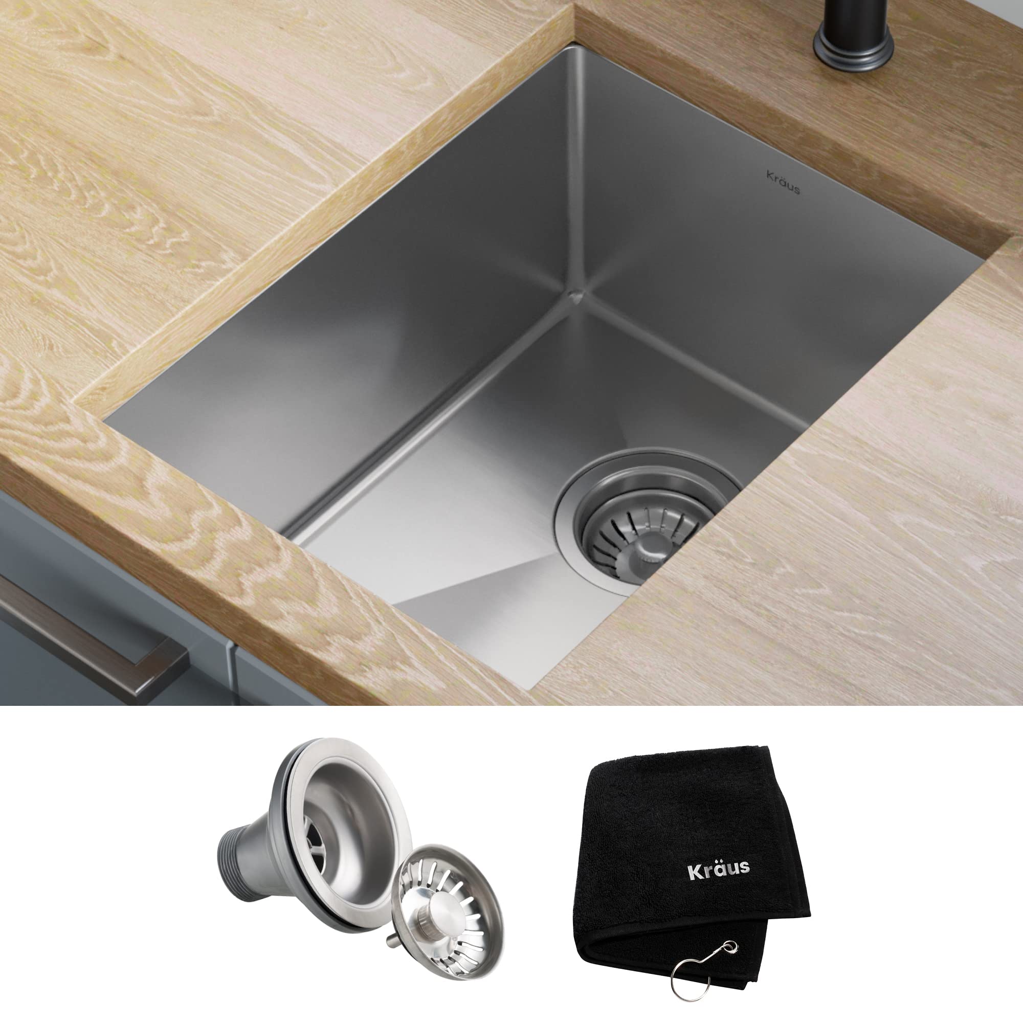 Kraus KHU101-14 Standart PRO 16 Gauge Undermount Single Bowl Stainless Steel Kitchen Bar Sink, 14 Inch